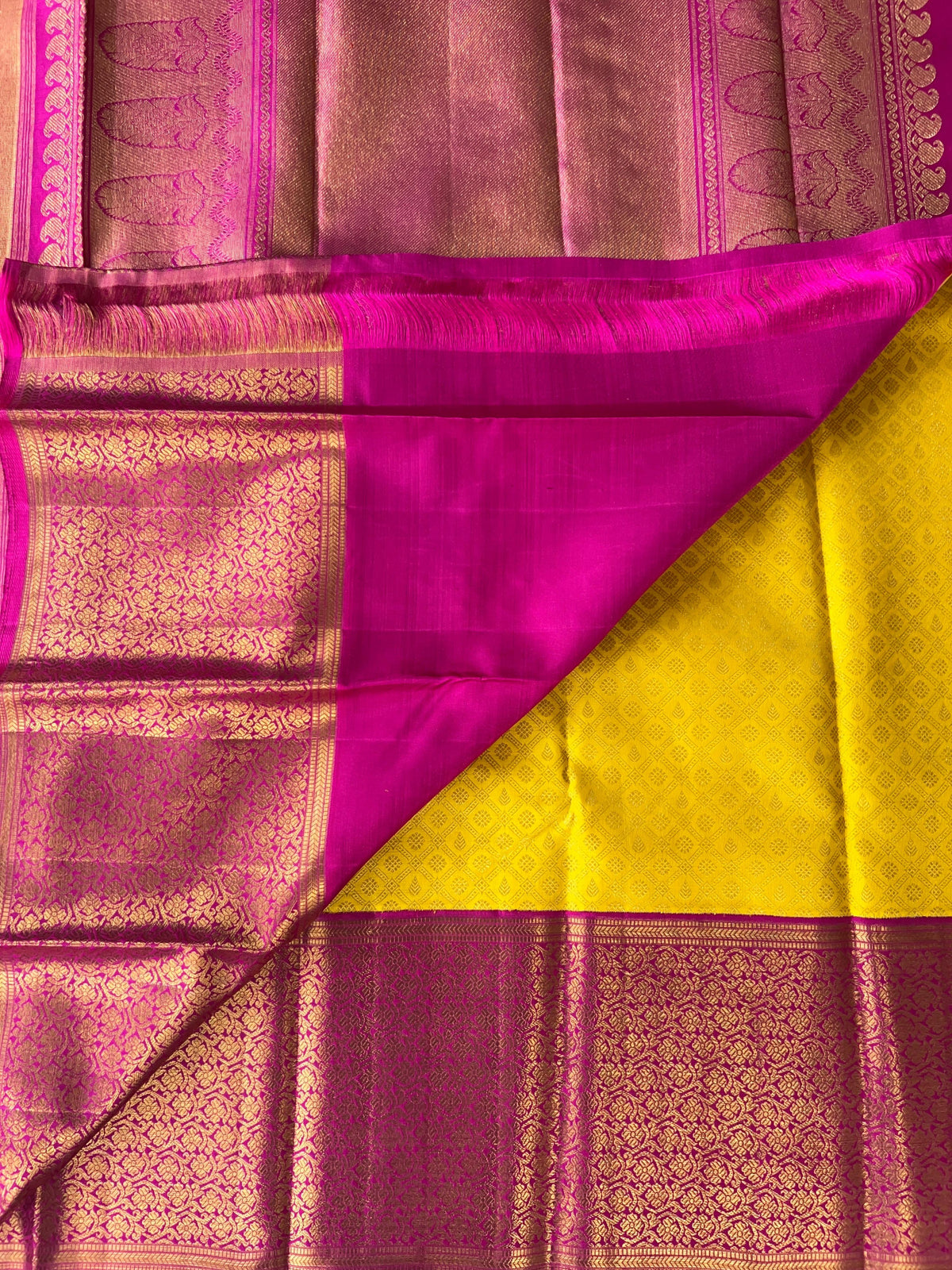 Yellow and Rani Pink Combo kanchi brocade designer kuttu border saree