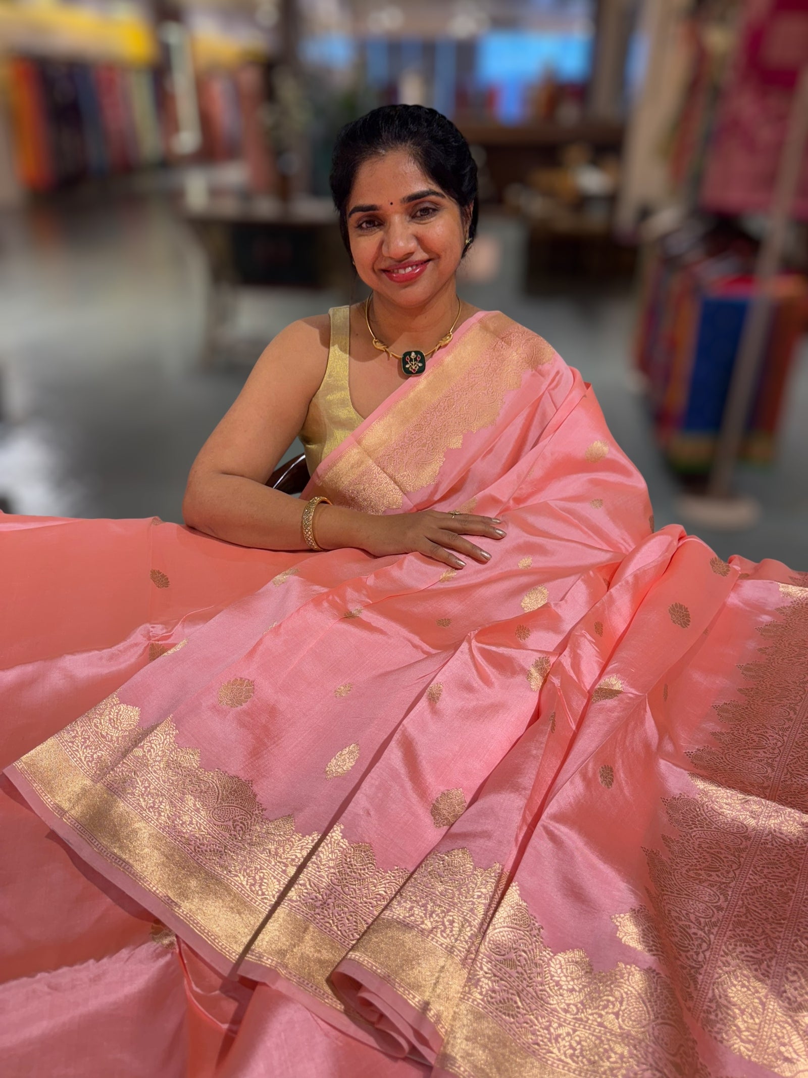 Peach Pink Poona Silk Saree with double Borders