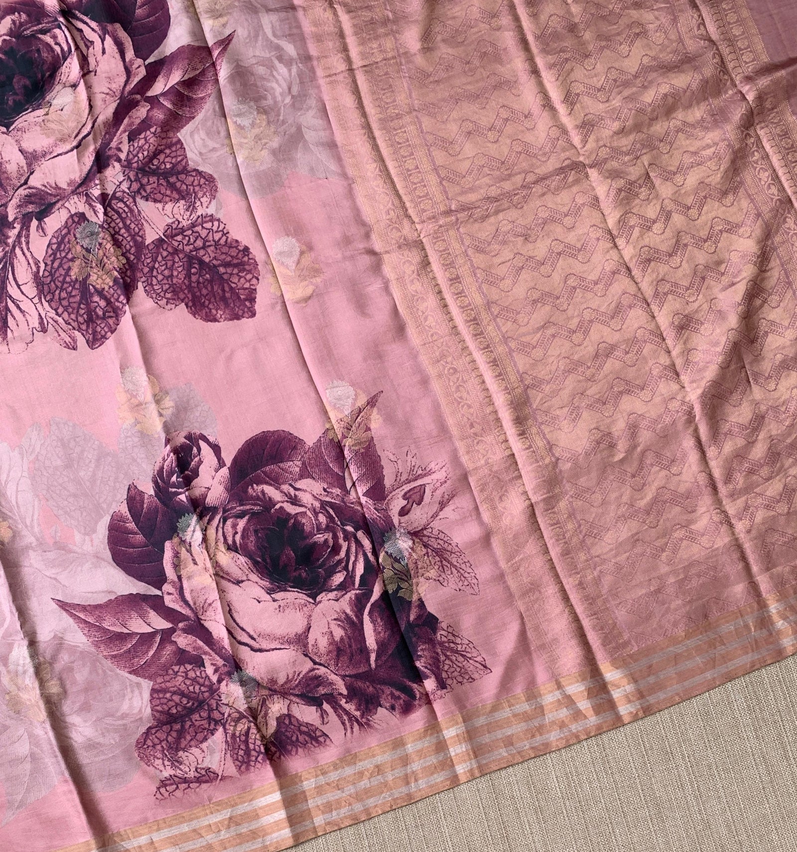 Onion Pink Printed Kanchi Soft Silk Saree with Bold Rose Flower Print.