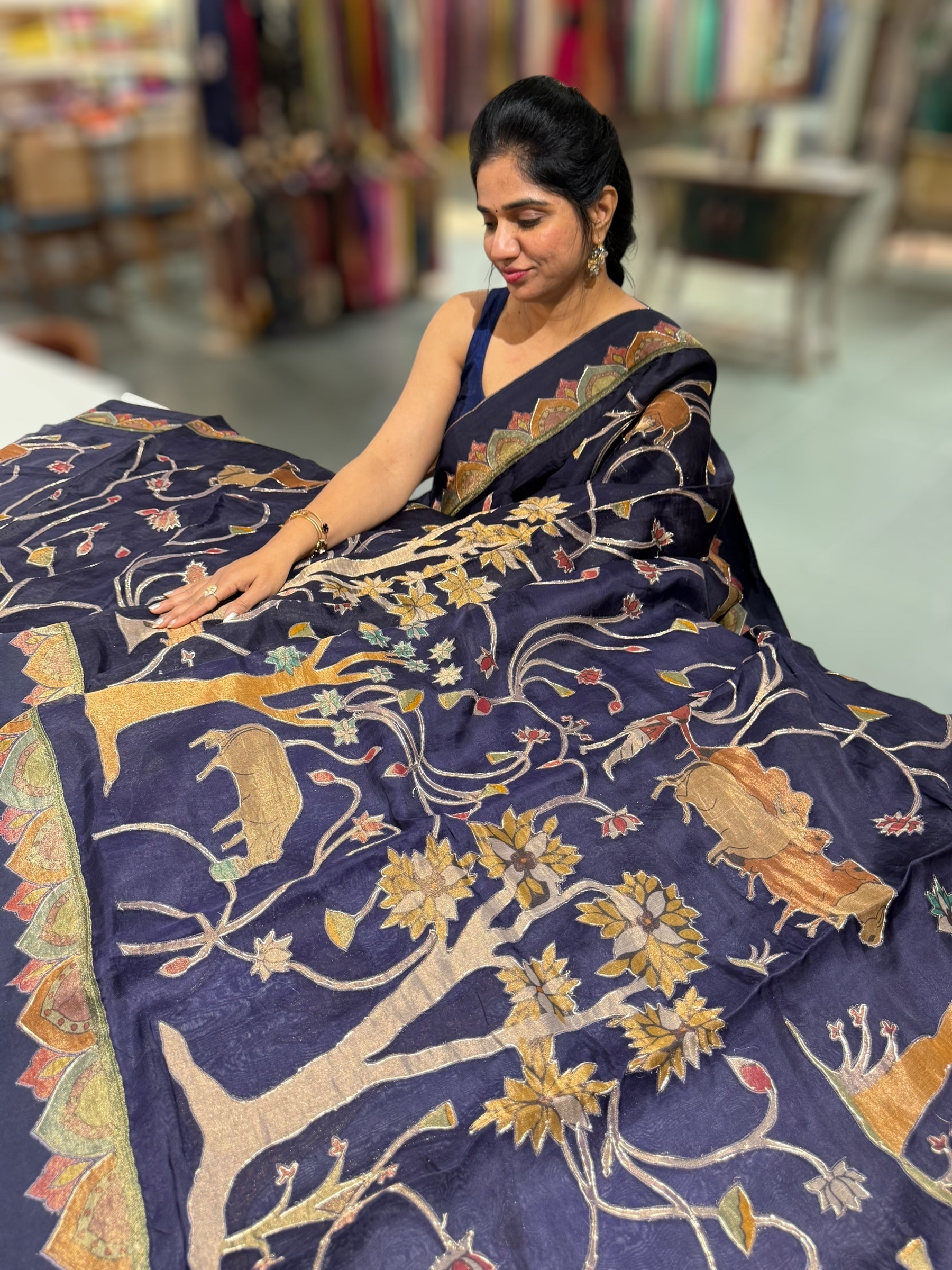 Violet Designer Organza Saree with Stunning Tissue Applique work Saree with Village theme