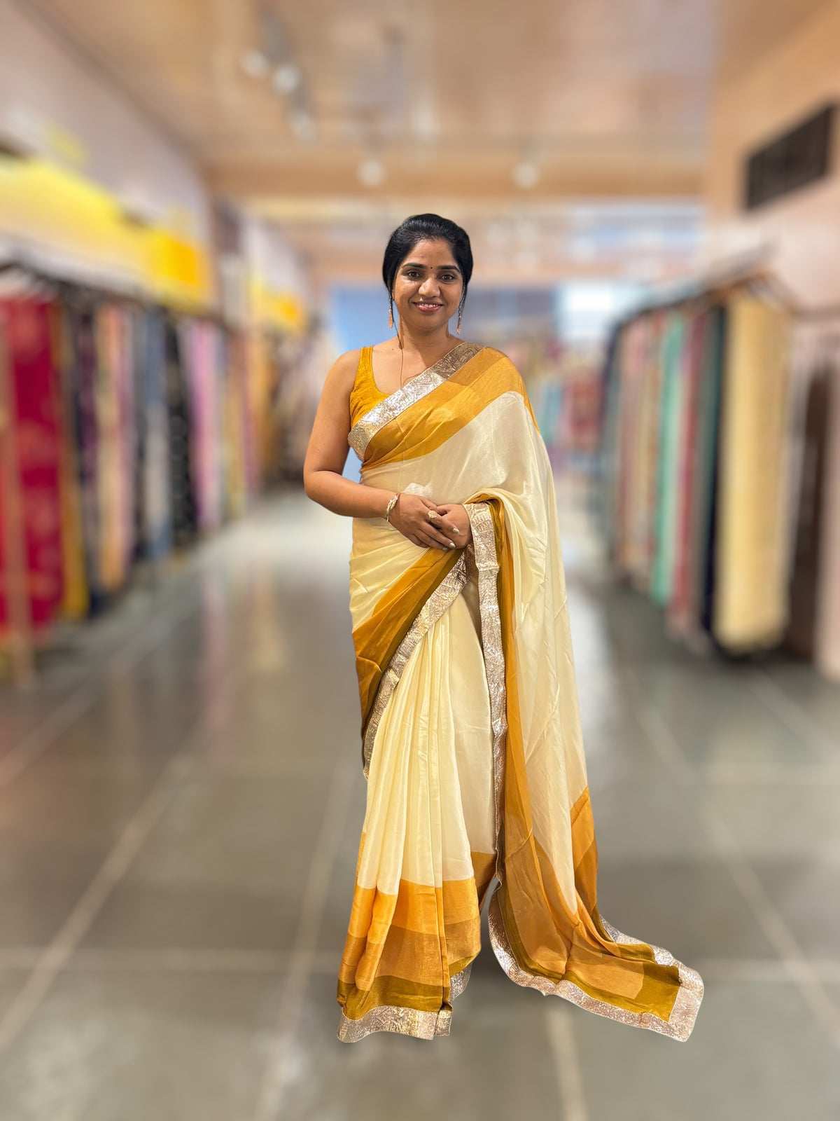 Ivory &amp; mustard combo Chinnon Crepe Saree with Gotapatti Borders