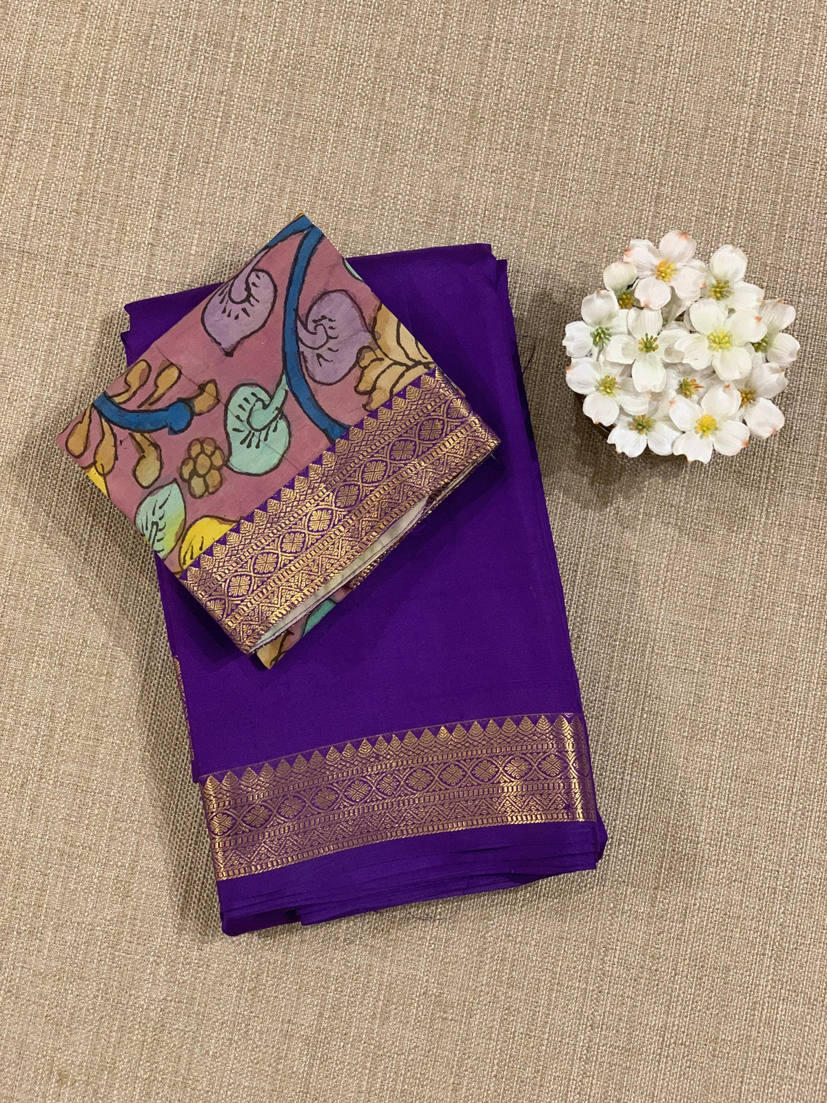 Brinjal vintage Kanchipuram silk saree with pen kalamkari blouse