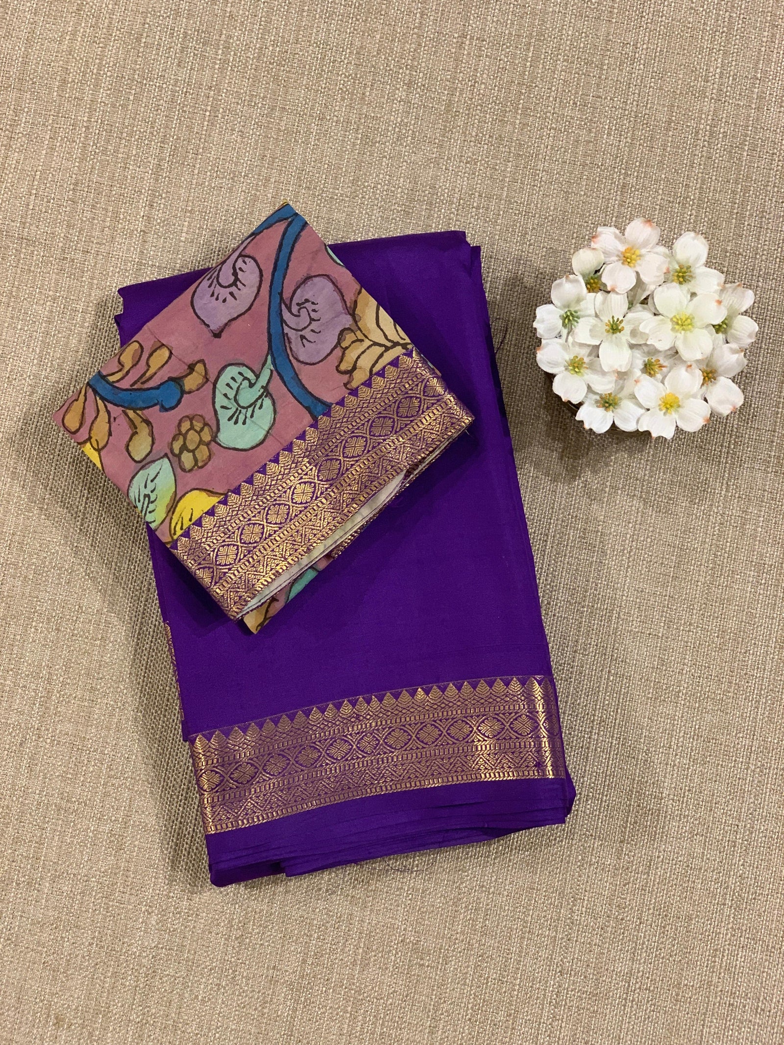 Brinjal vintage Kanchipuram silk saree with pen kalamkari blouse