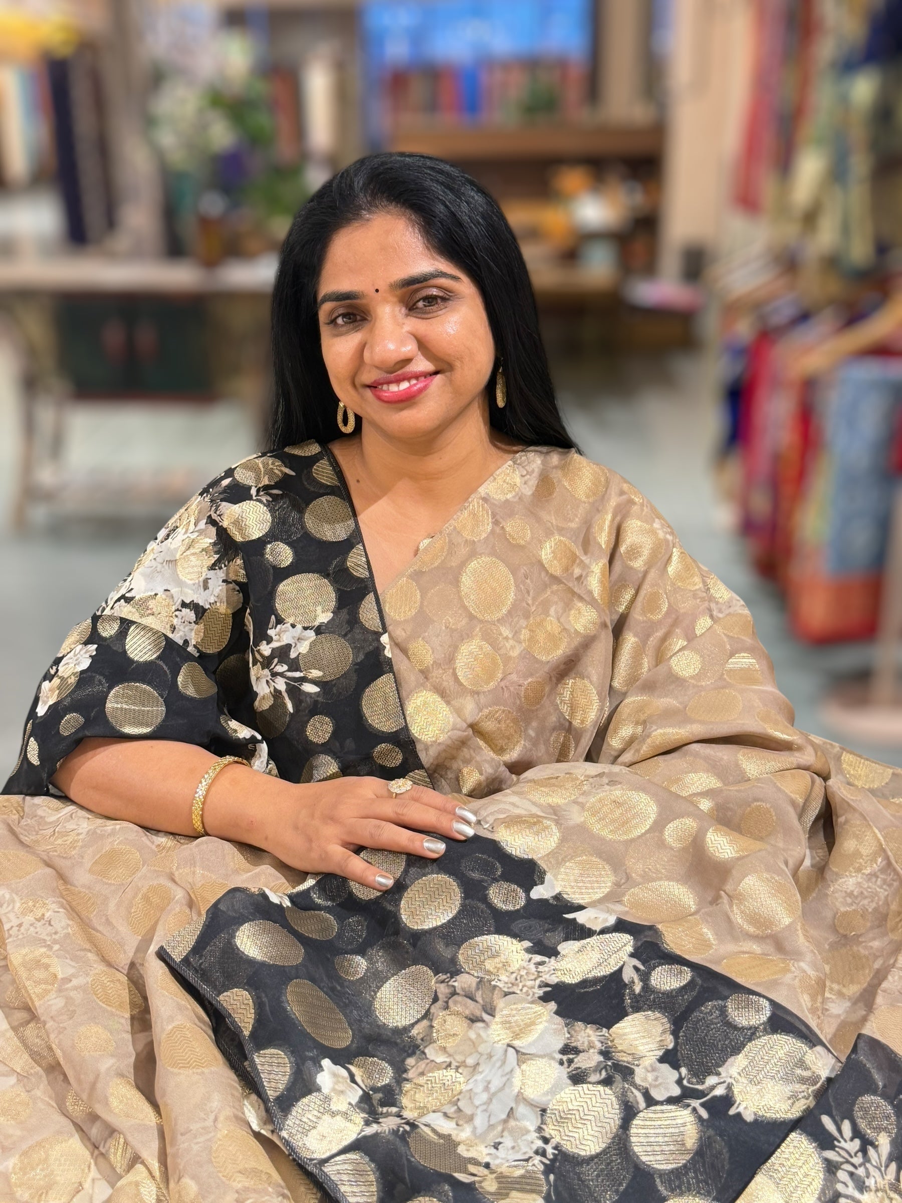 Chikoo Banarasi Kora Gorgette Polka dot Printed Saree