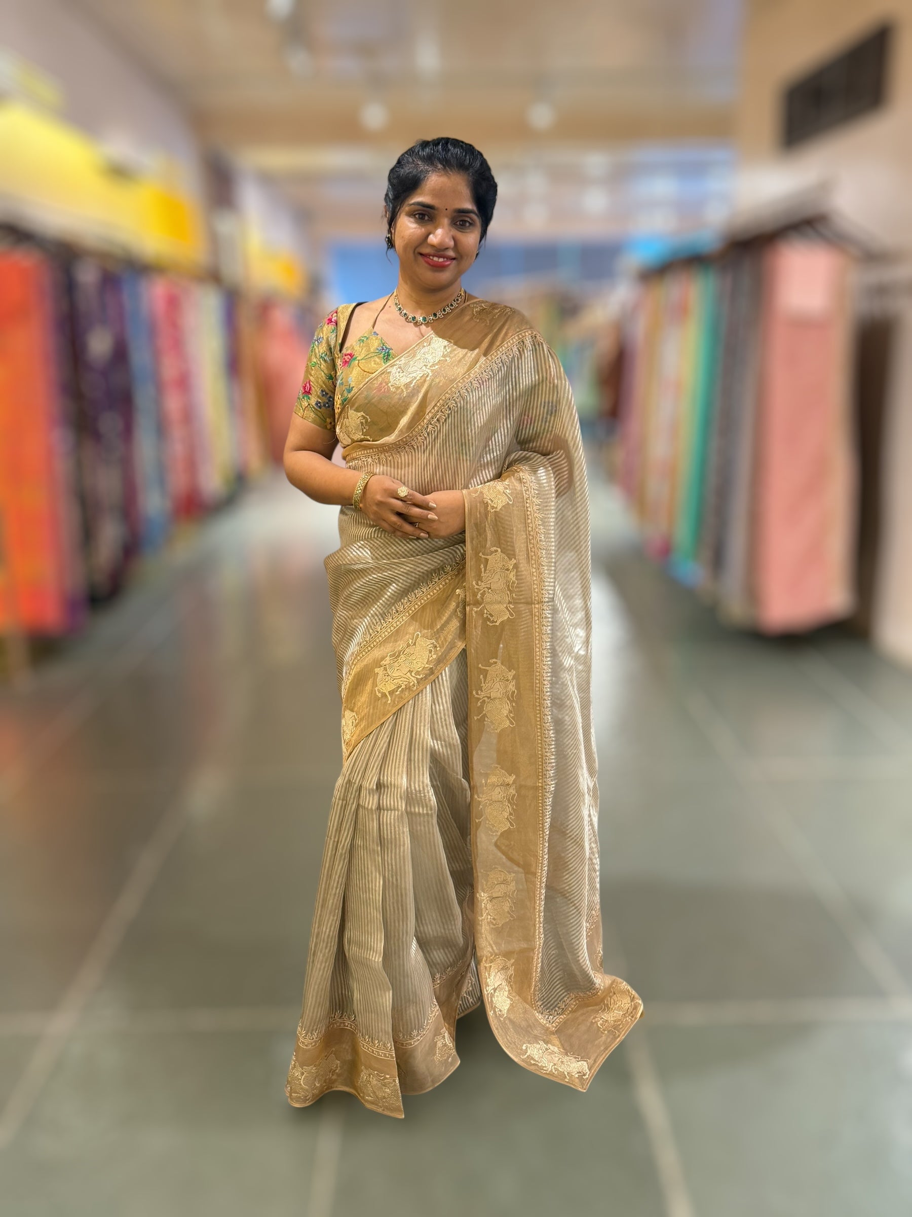 Earthy Grey Kora tissue stripes Saree with Nandi embroidered tissue border