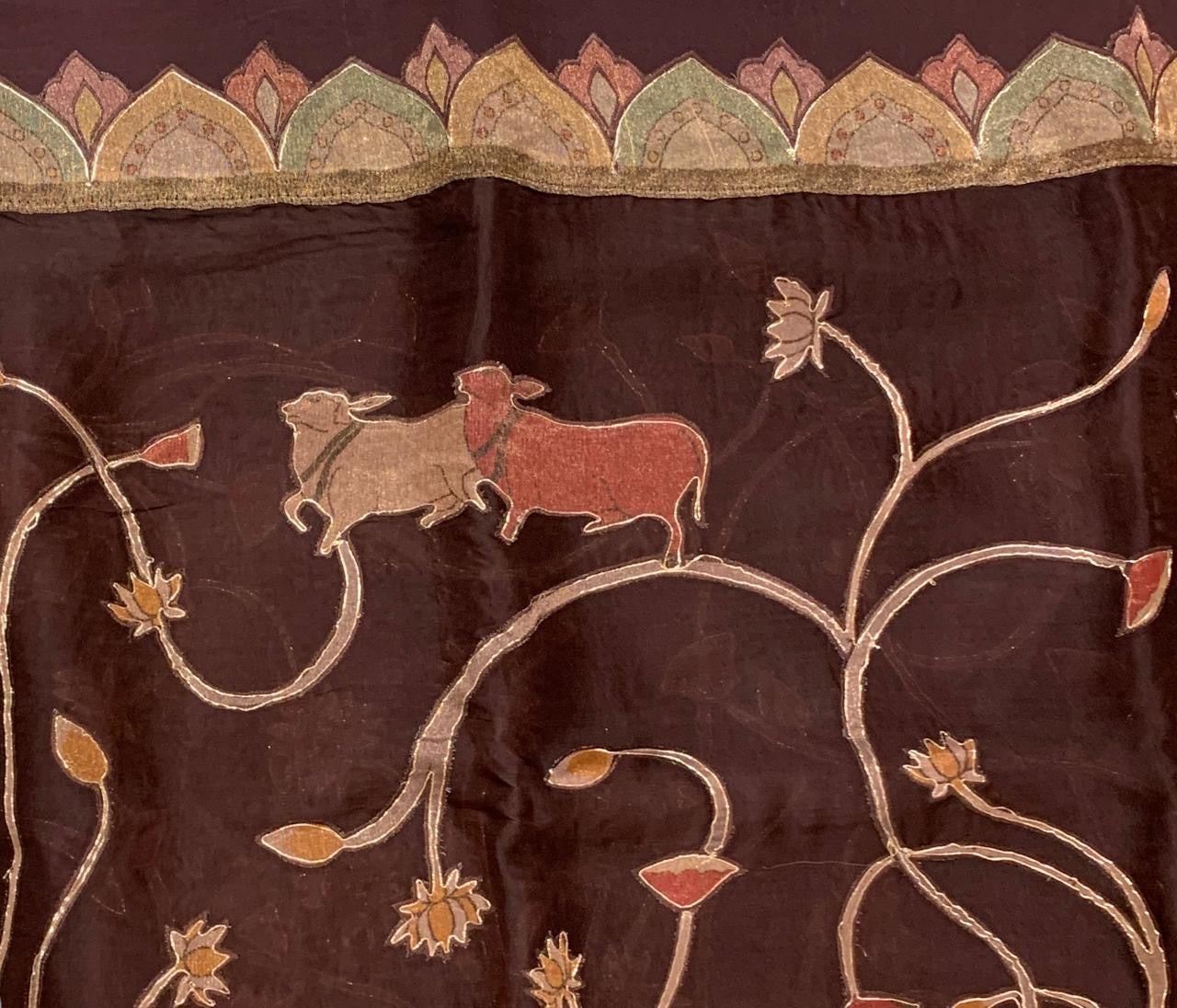 Brown Designer Organza Saree with Stunning Tissue Applique work Saree with Village theme