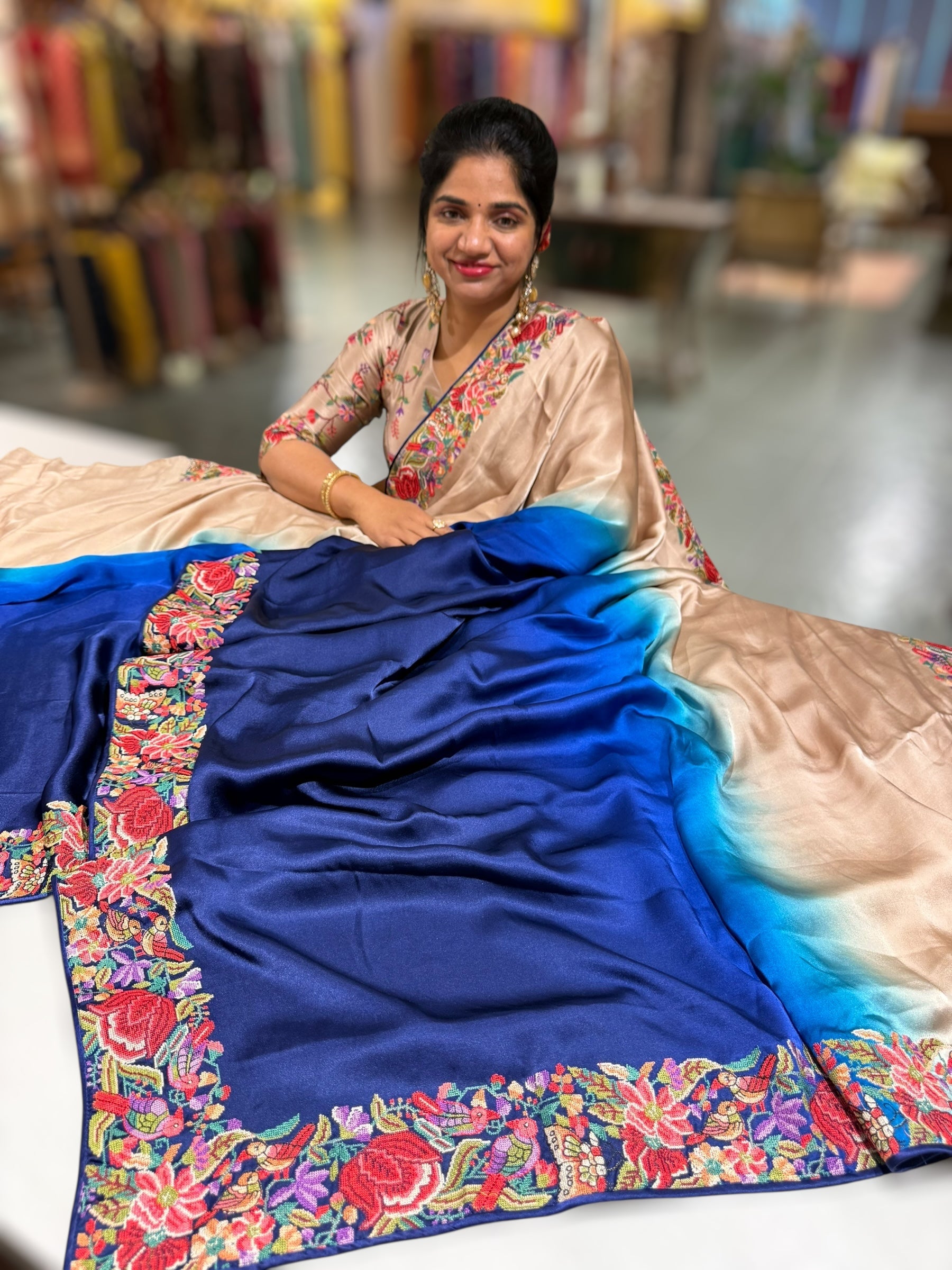 Pure Satin Ombre Dyed Saree with Petite Point Embroidered Border and blouse.