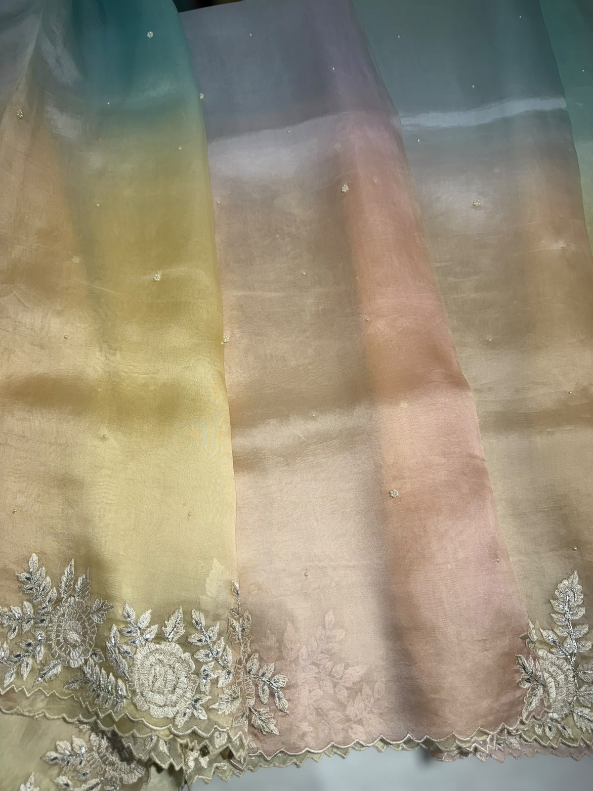 Ombre dyed Pure Organza Saree with parsi gara embroidery