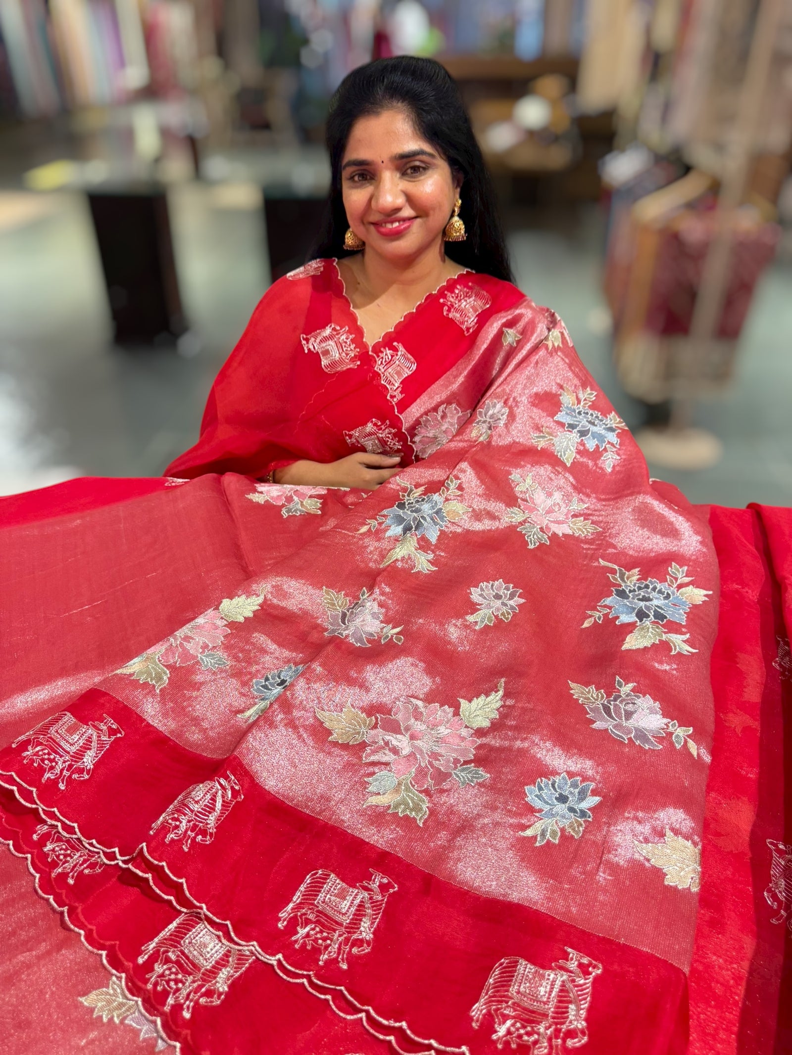 Red Premium Handloom Designer Tissue saree with exquisite embroidery