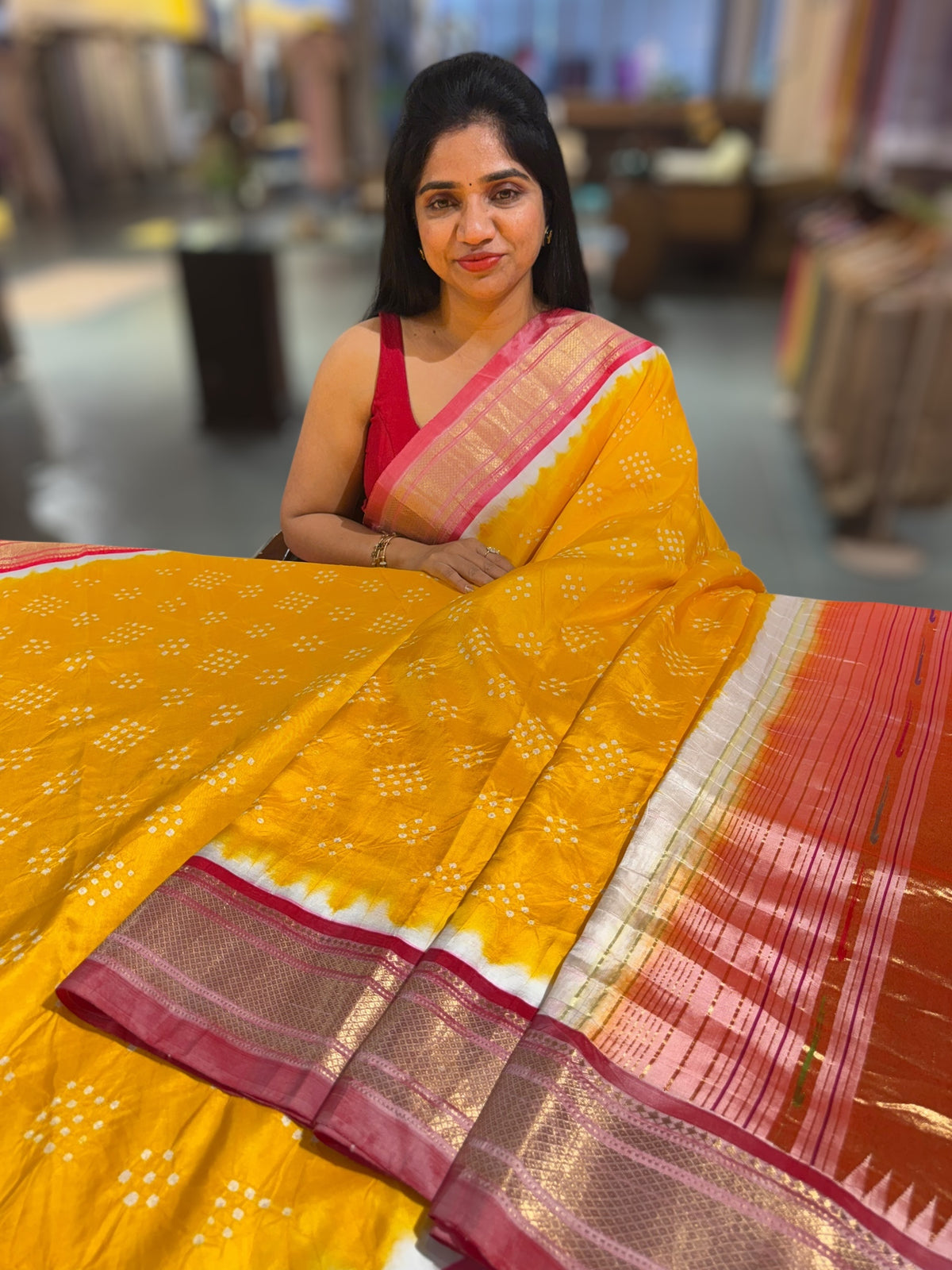 Yellow Pure handloom Bandhini paithani saree