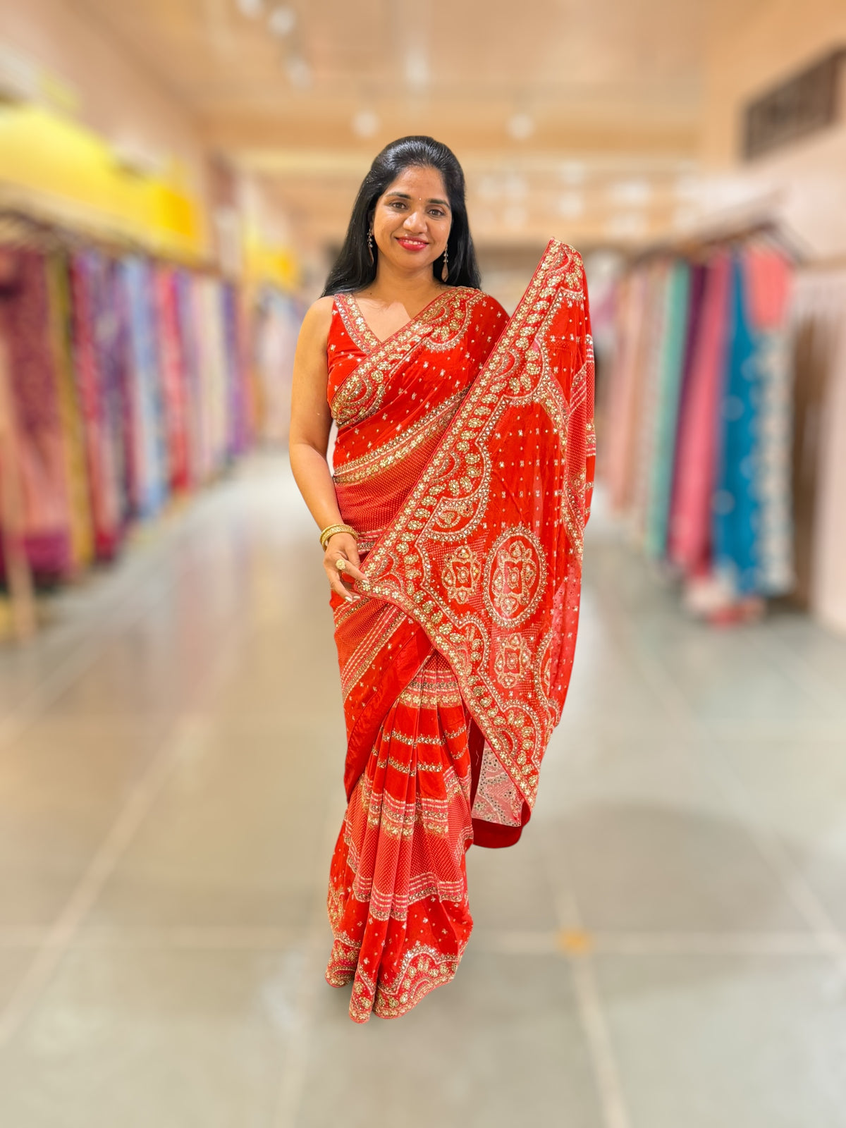 Orangish Red Kareena Inspired Gorgette Saree with allover mirrors