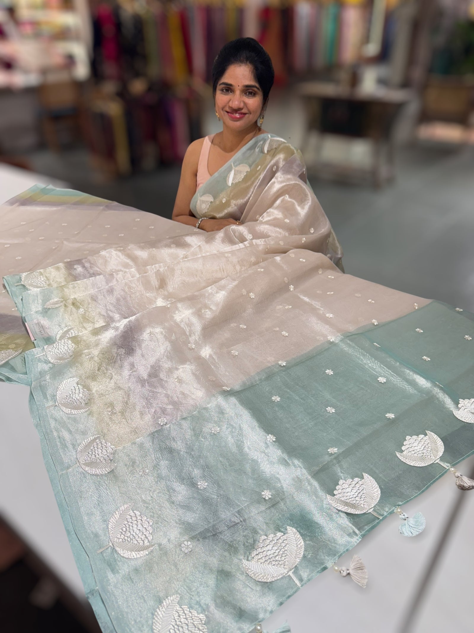 Silver Tissue Saree with ombre dyed Embroidered Border