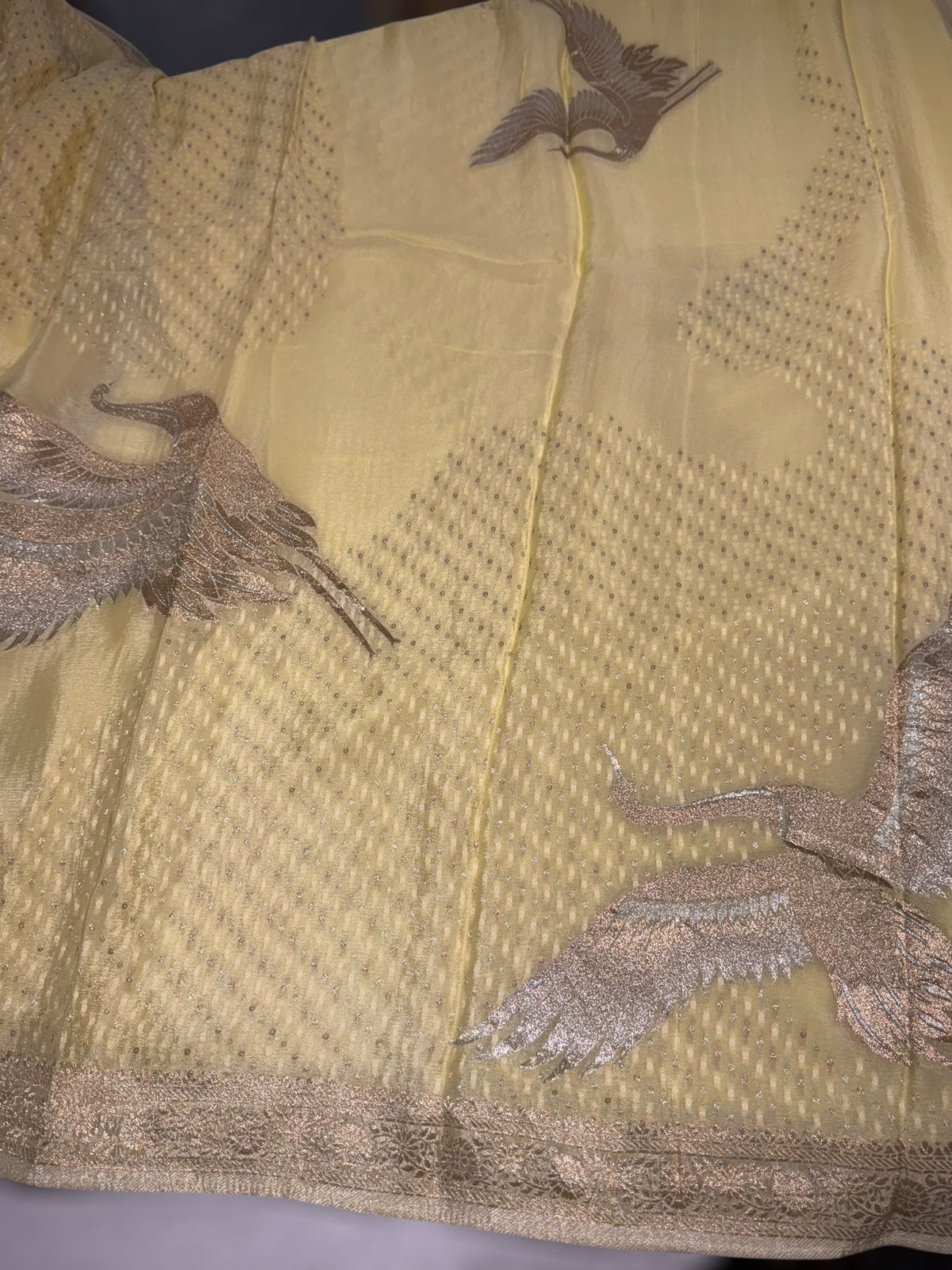 Pastel yellow banarasi chifoon  with bird weaving