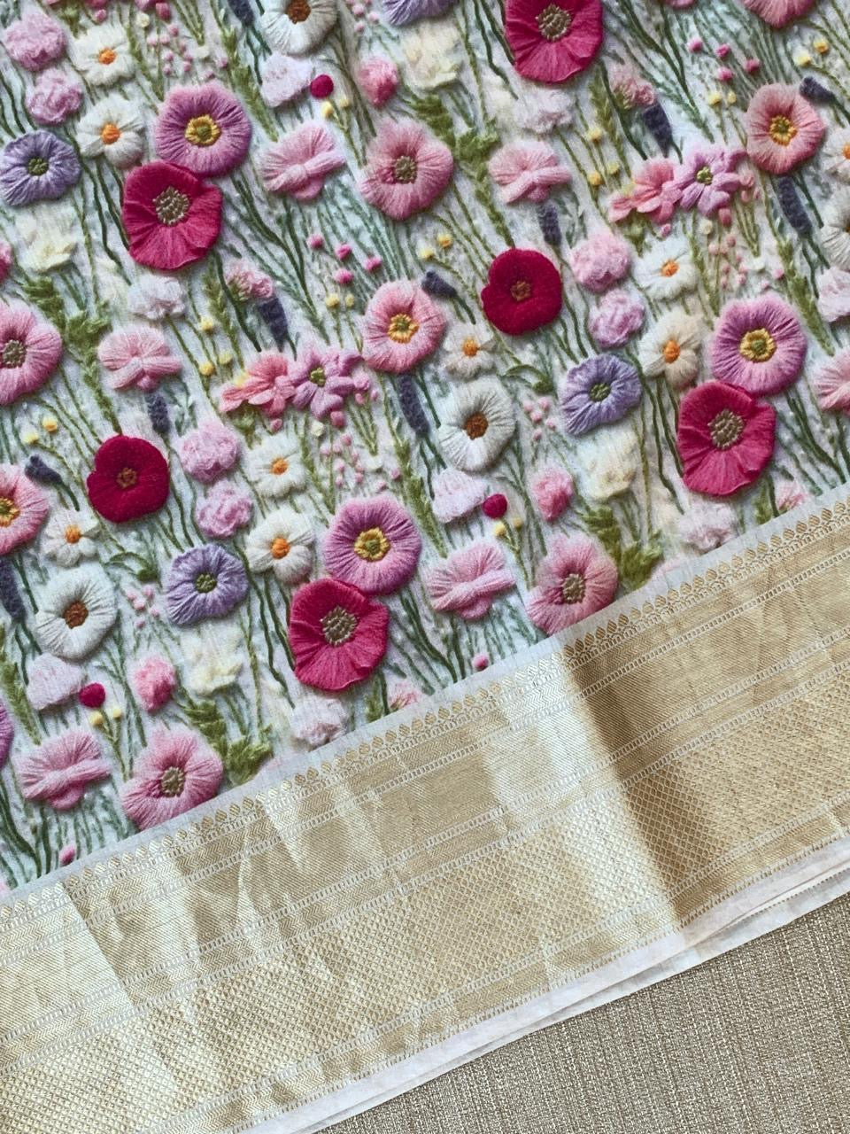 Ivory Pure Handloom Chiniya Silk Saree with stunning Floral Print and zari borders