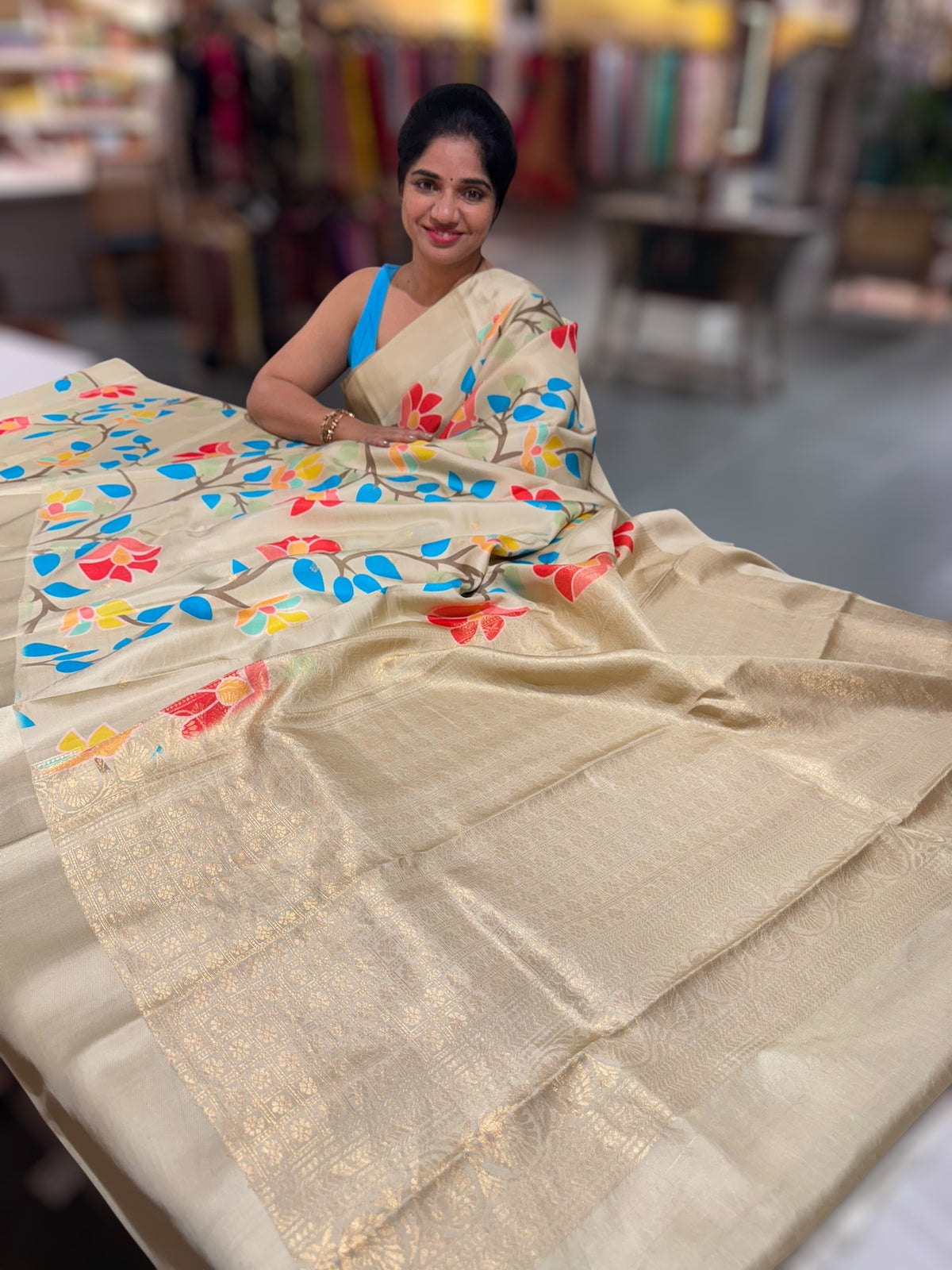 Light Pista Kanchi Soft Silk Saree with ajamdani inspired print