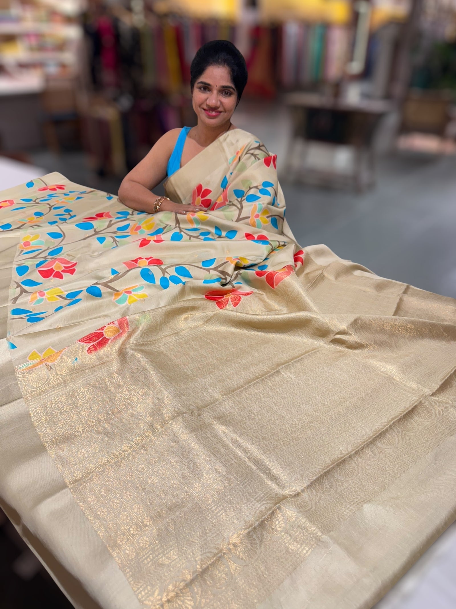 Light Pista Kanchi Soft Silk Saree with ajamdani inspired print
