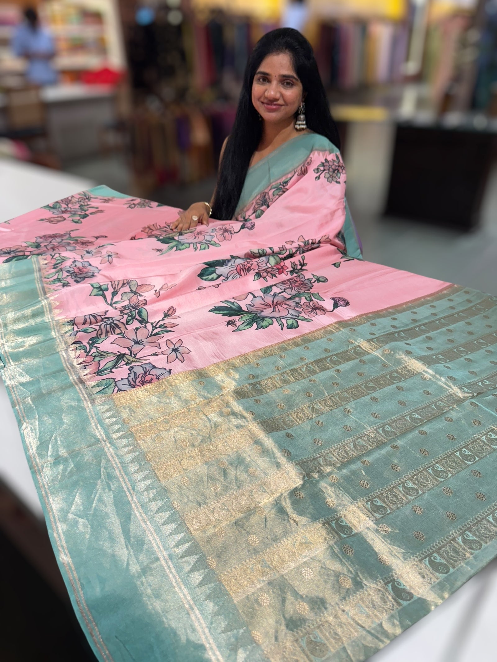 Pastel Pink Kanjeevaram Designer print saree