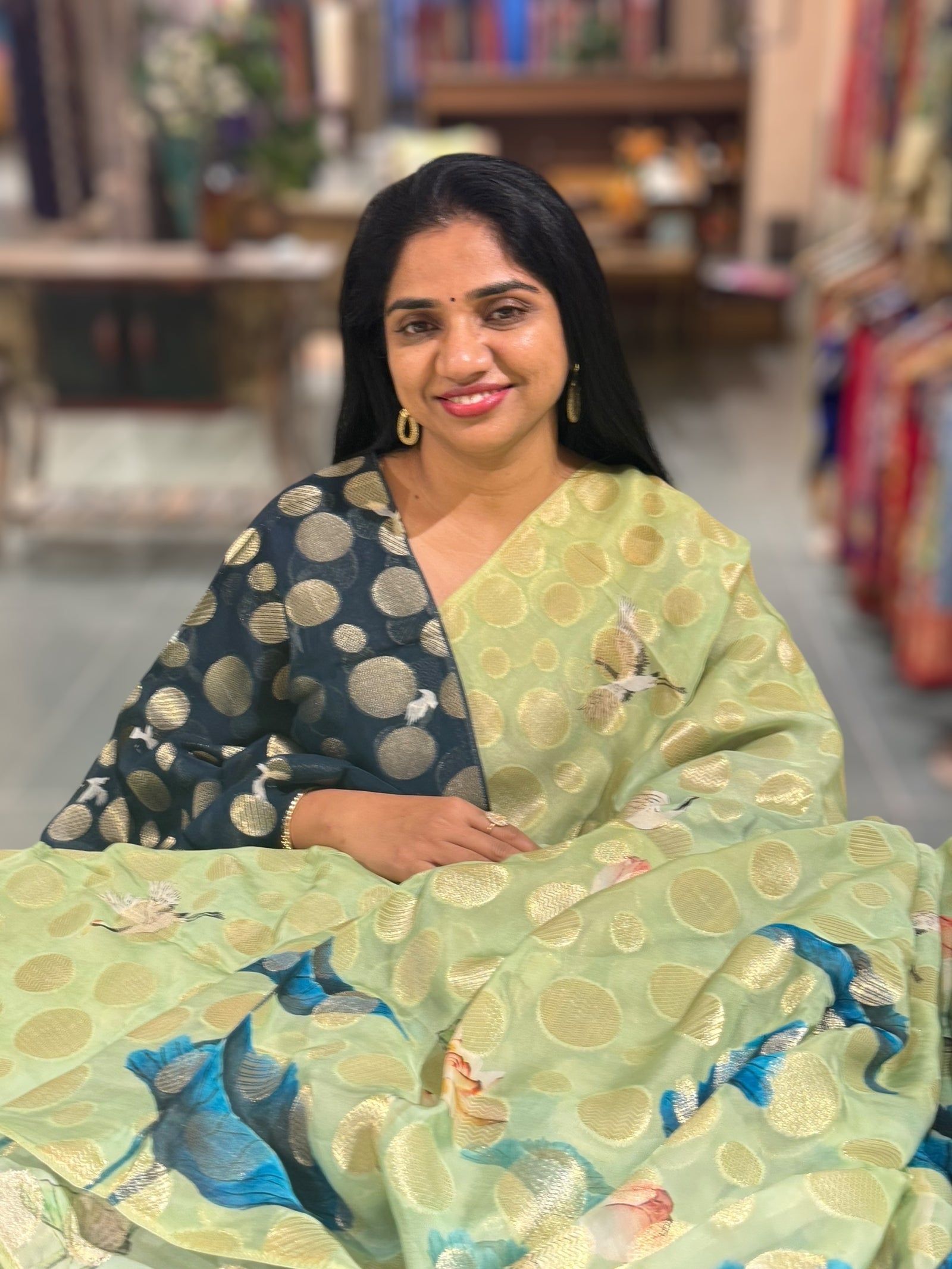Mint Green Banarasi Kora Gorgette Polka dot Printed Saree