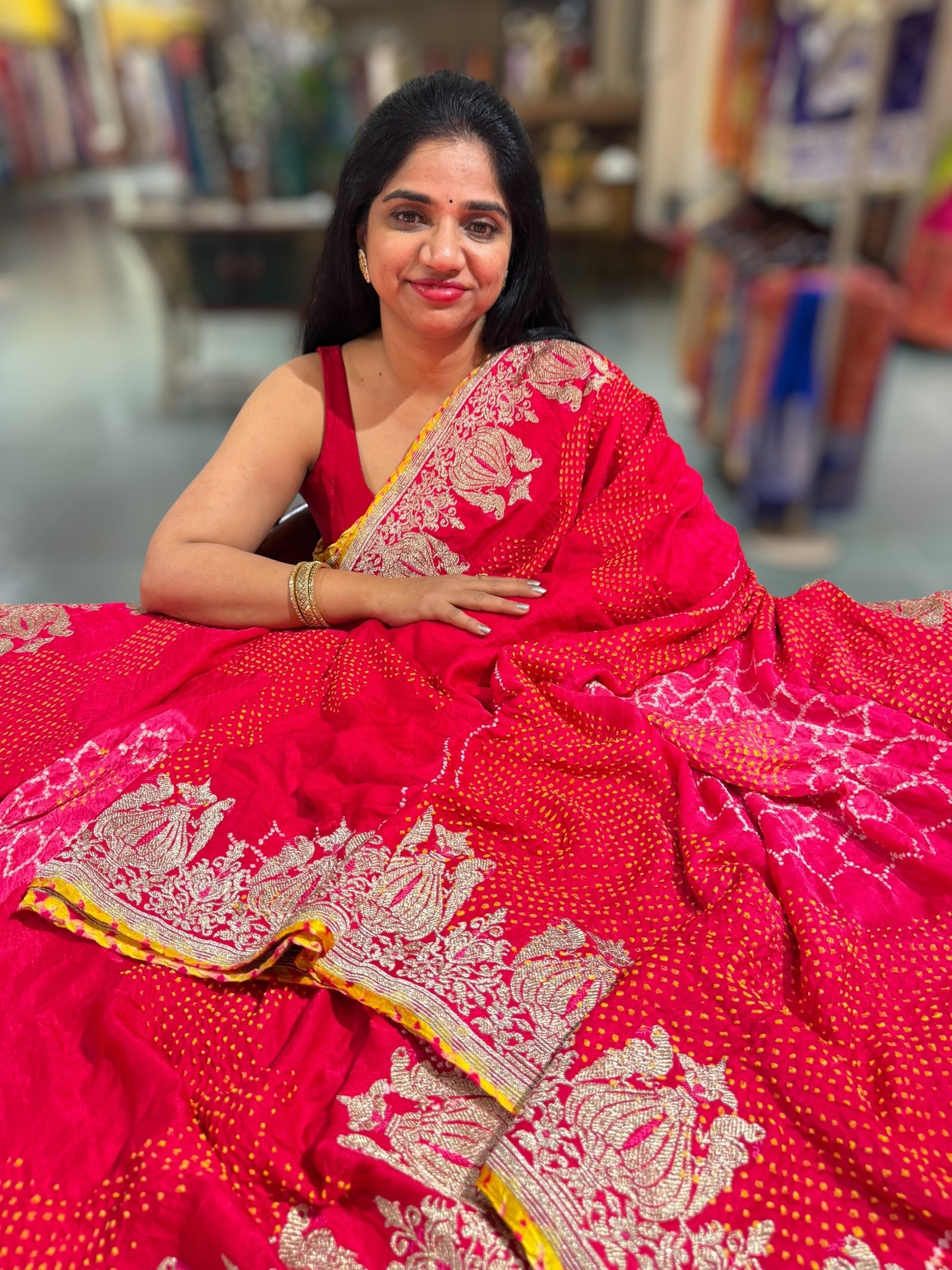 Reddish Pink Designer Rai Bandhej Saree With Embroidered Border