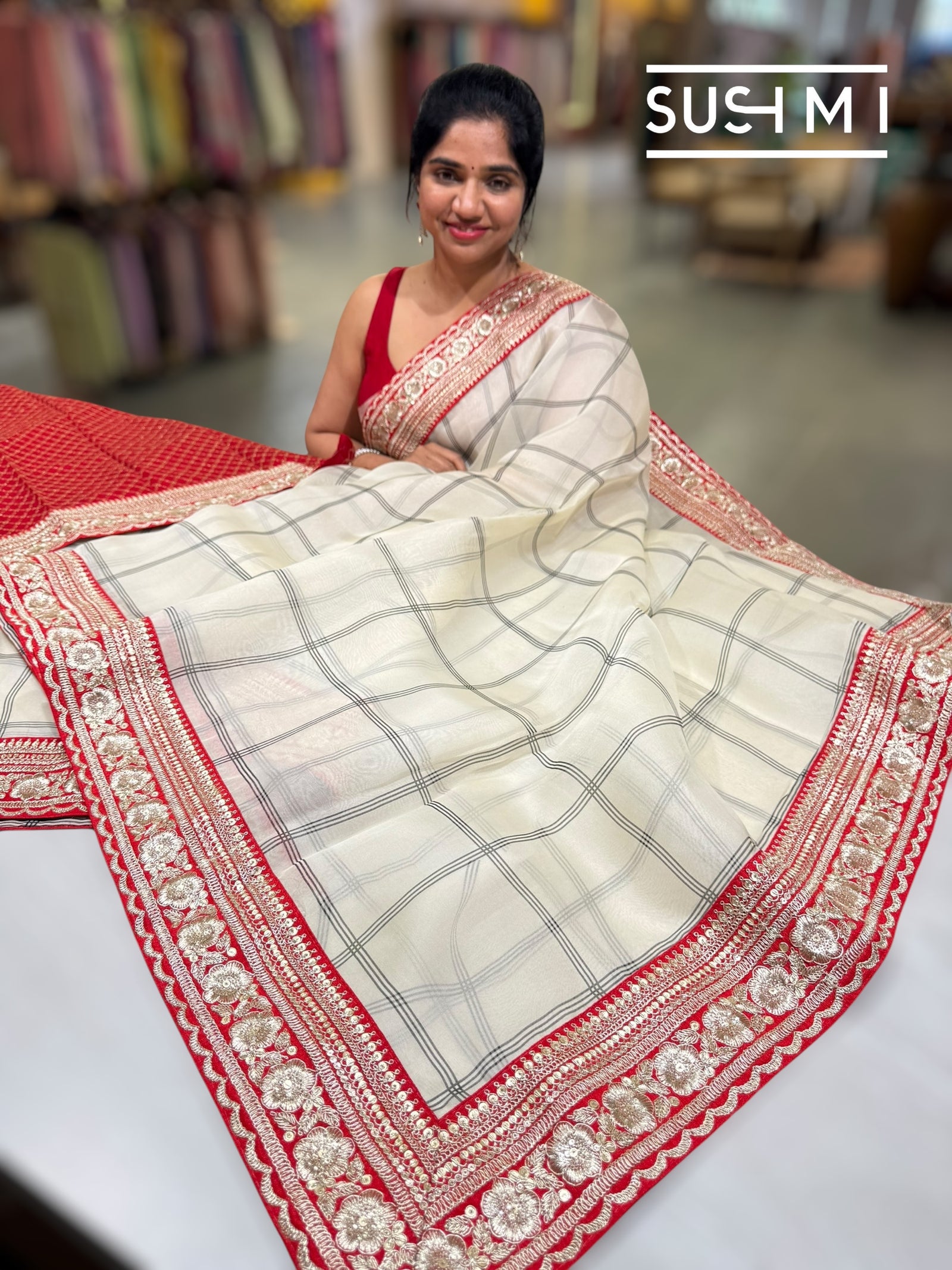 Ivory checks Organza with Sabhya inspired borders : S62F069