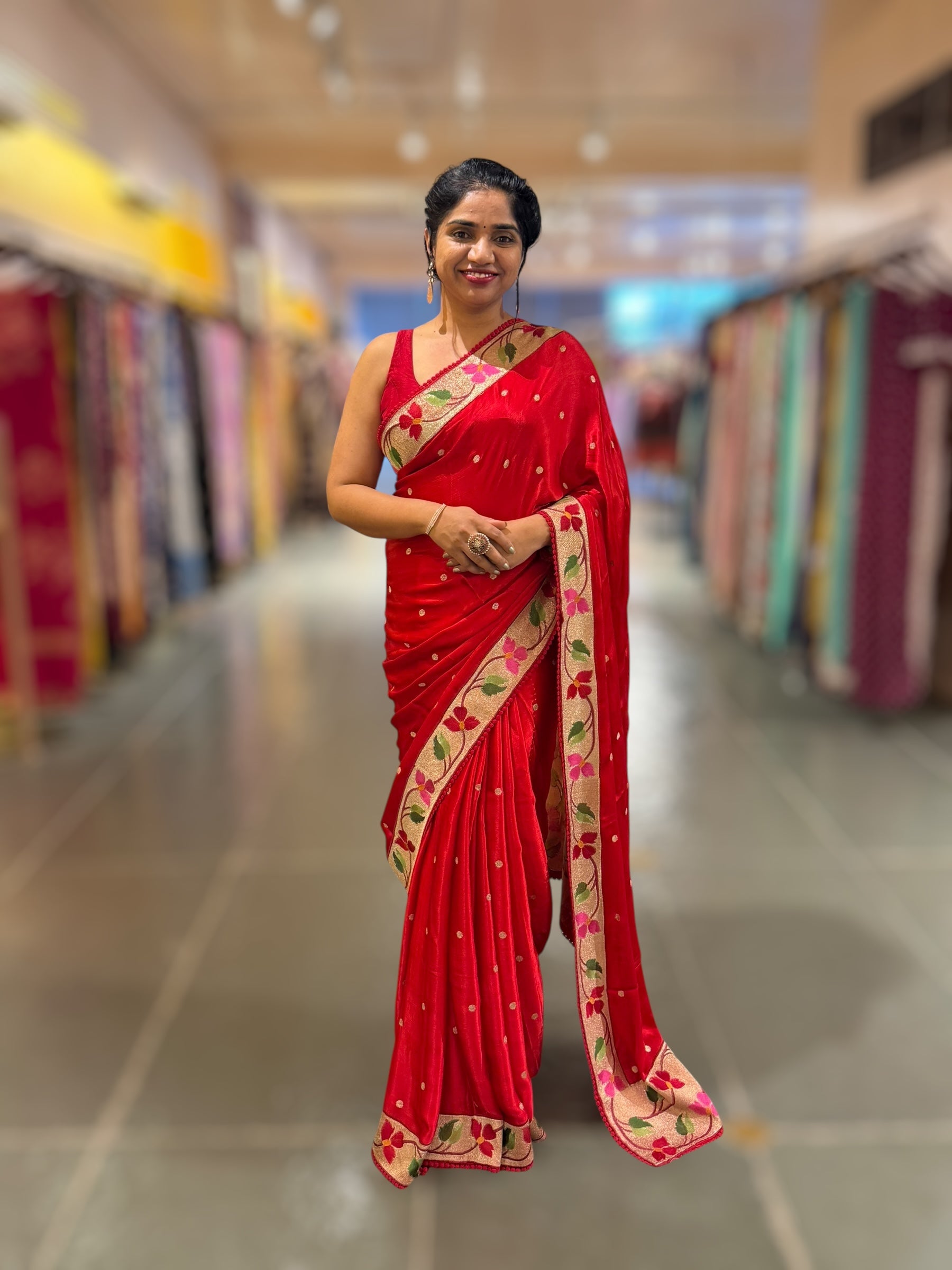 Red Satin Saree with Paithani Embroidered Border