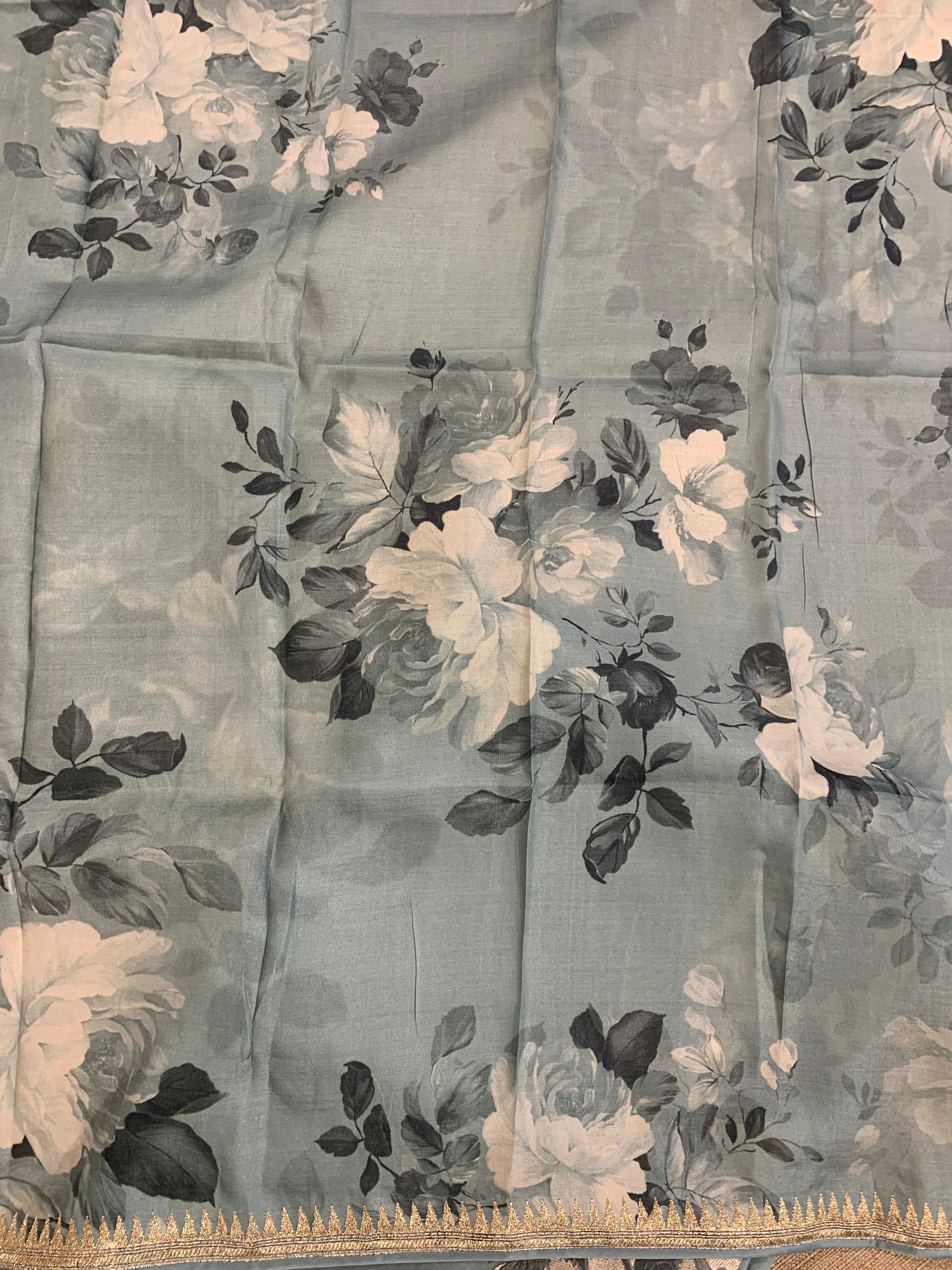 Dark Powder Blue Organza Saree with Stunning Leaf Embroidered Border