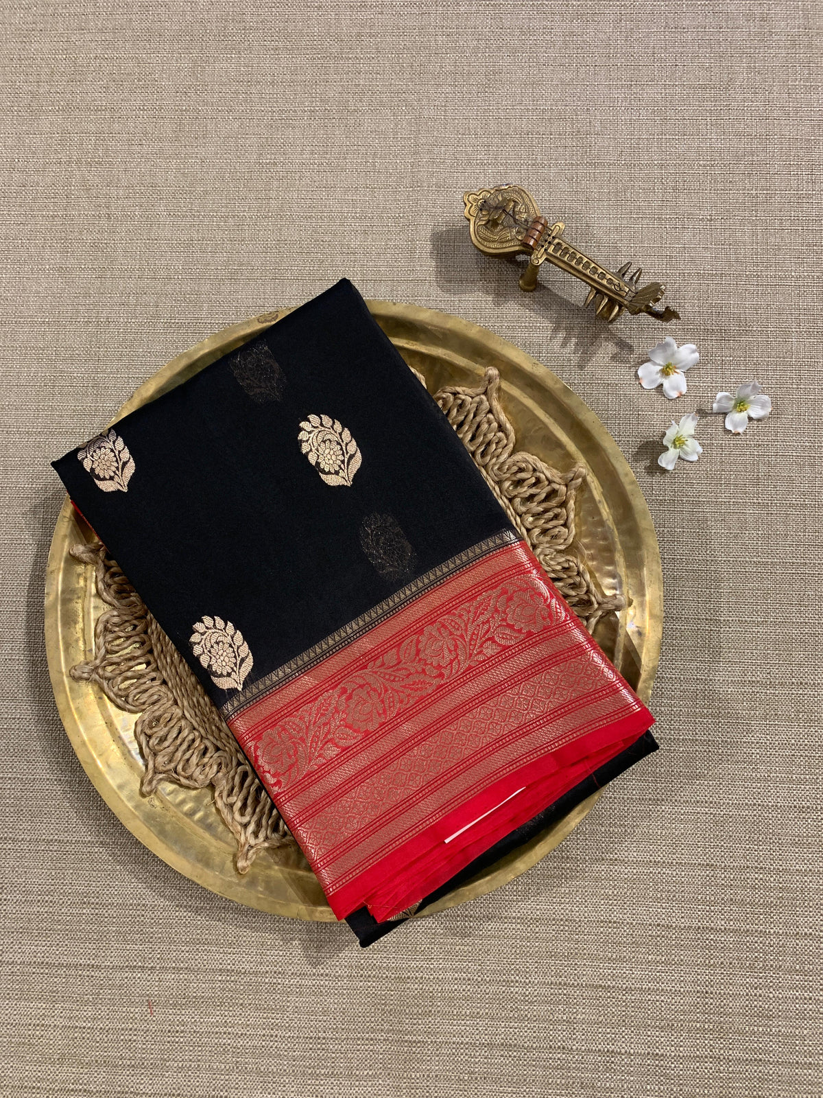 Black and Red Kora Banarasi Saree with Kaduwa woven motifs