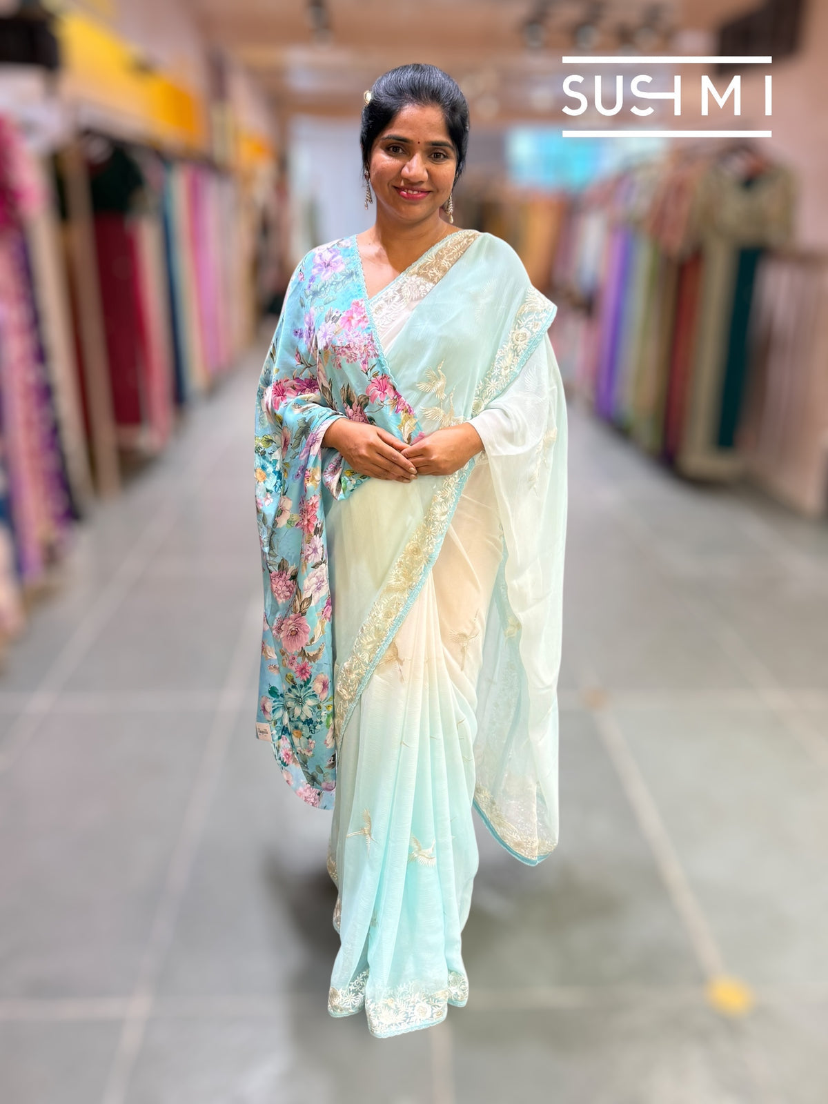 Pastel Blue ombre dyed pure chiffon saree with parsigara embroidery : S62F070