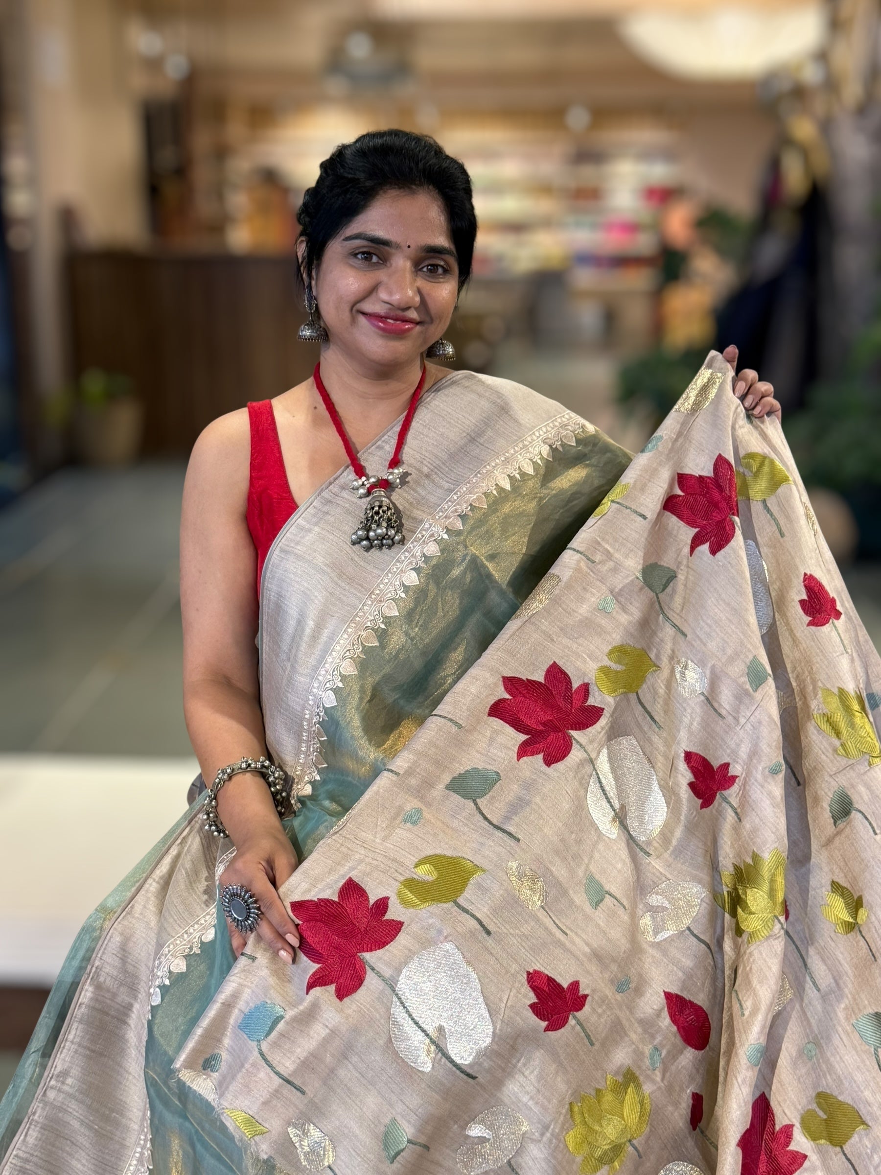 Sage Green Designer Handloom Tissue Saree With Tulip embroidery