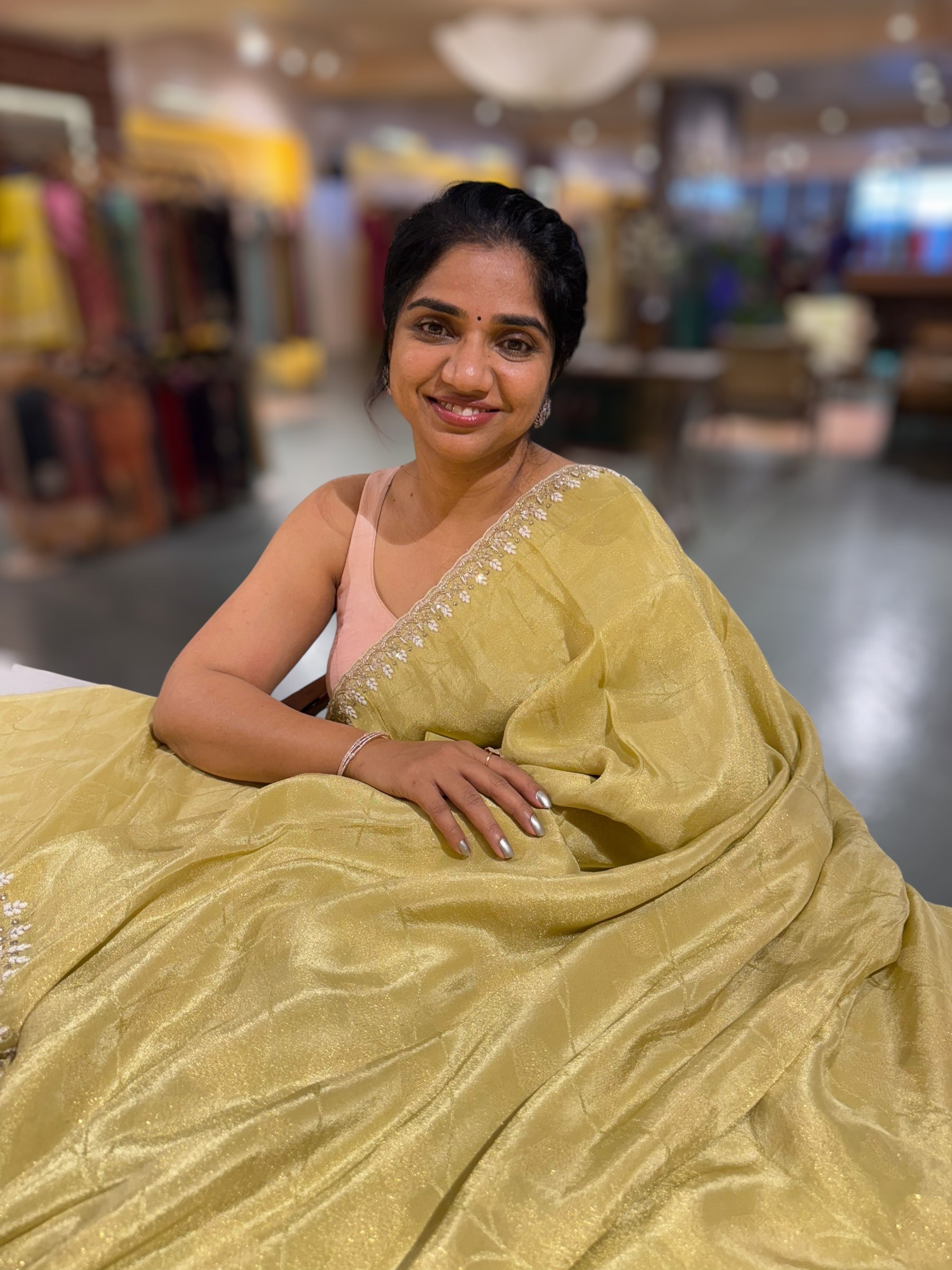 Pastel Yellow Tissue Gorgette Saree With Hanwork Border and Blouse.