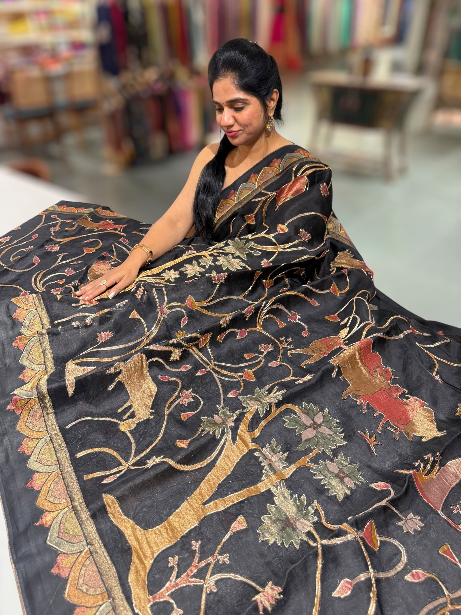 Black Designer Organza Saree with Stunning Tissue Applique work Saree with Village theme