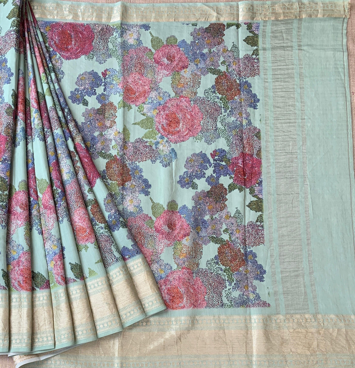 Mint Pure Handloom Chiniya Silk Saree with stunning Floral Print and zari borders