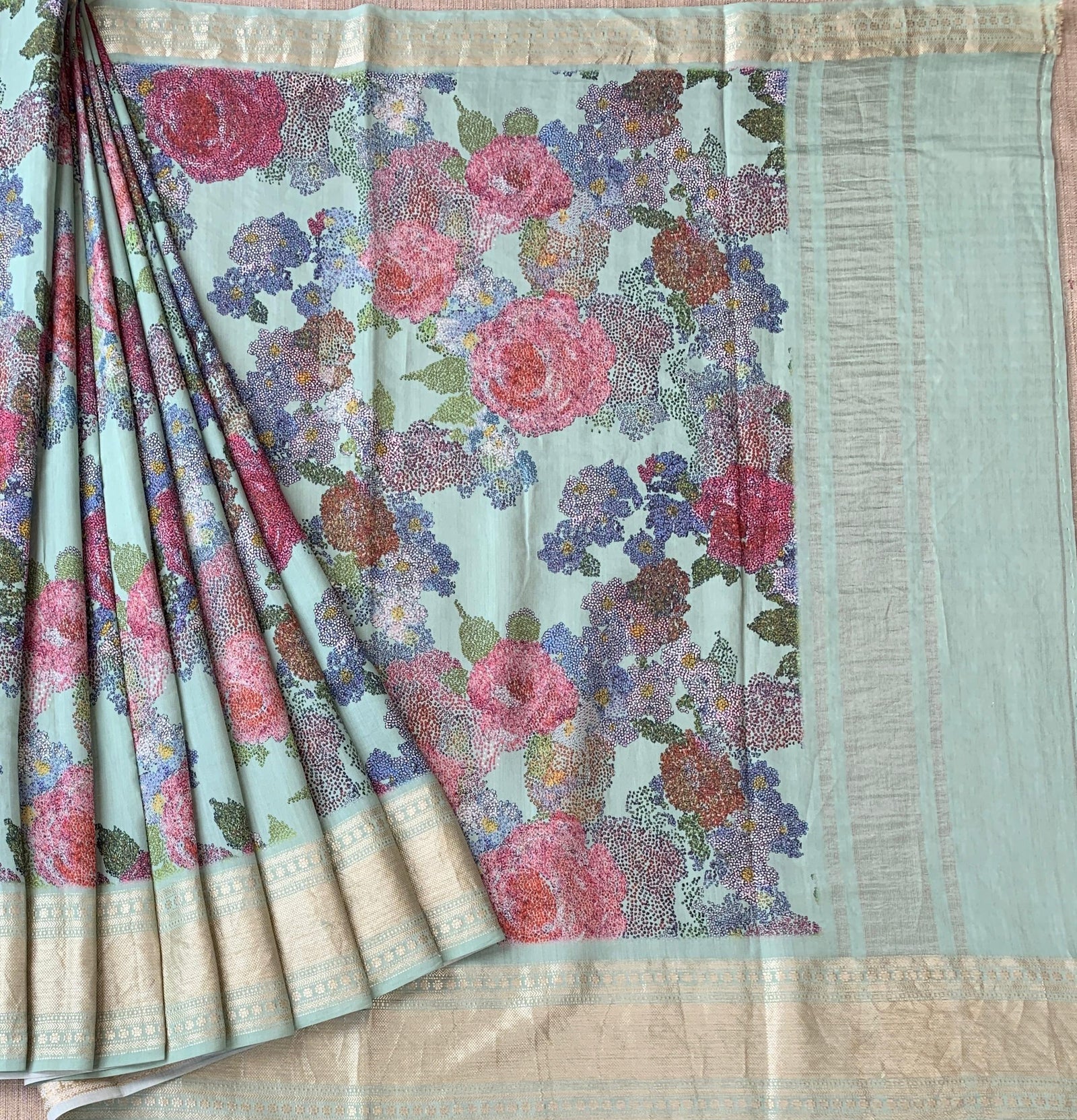 Mint Pure Handloom Chiniya Silk Saree with stunning Floral Print and zari borders