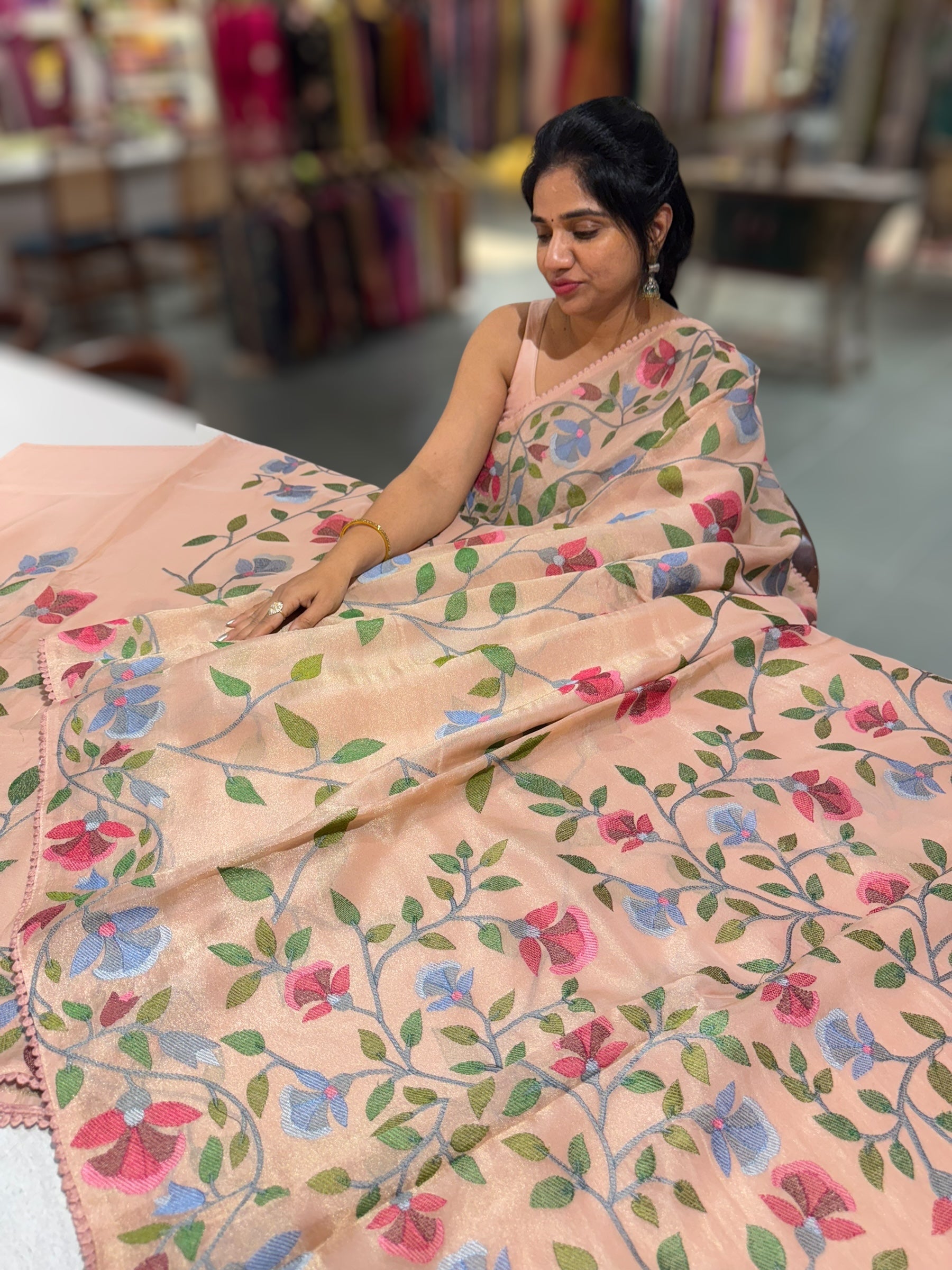 Peach Tissue georgette saree with allover jamdani inspired embroidery