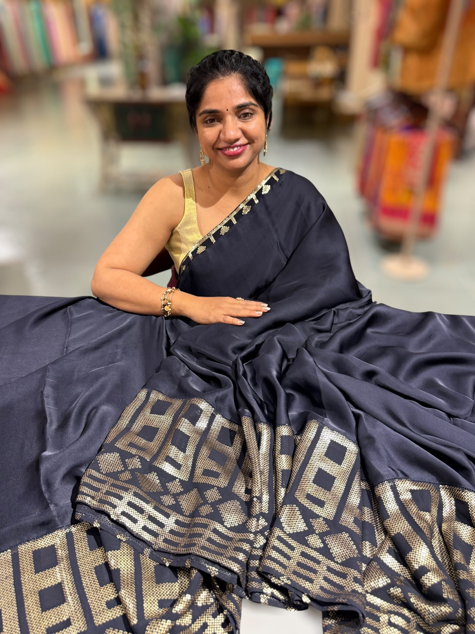 Navy pure Satin Saree with designer sequence border and blouse