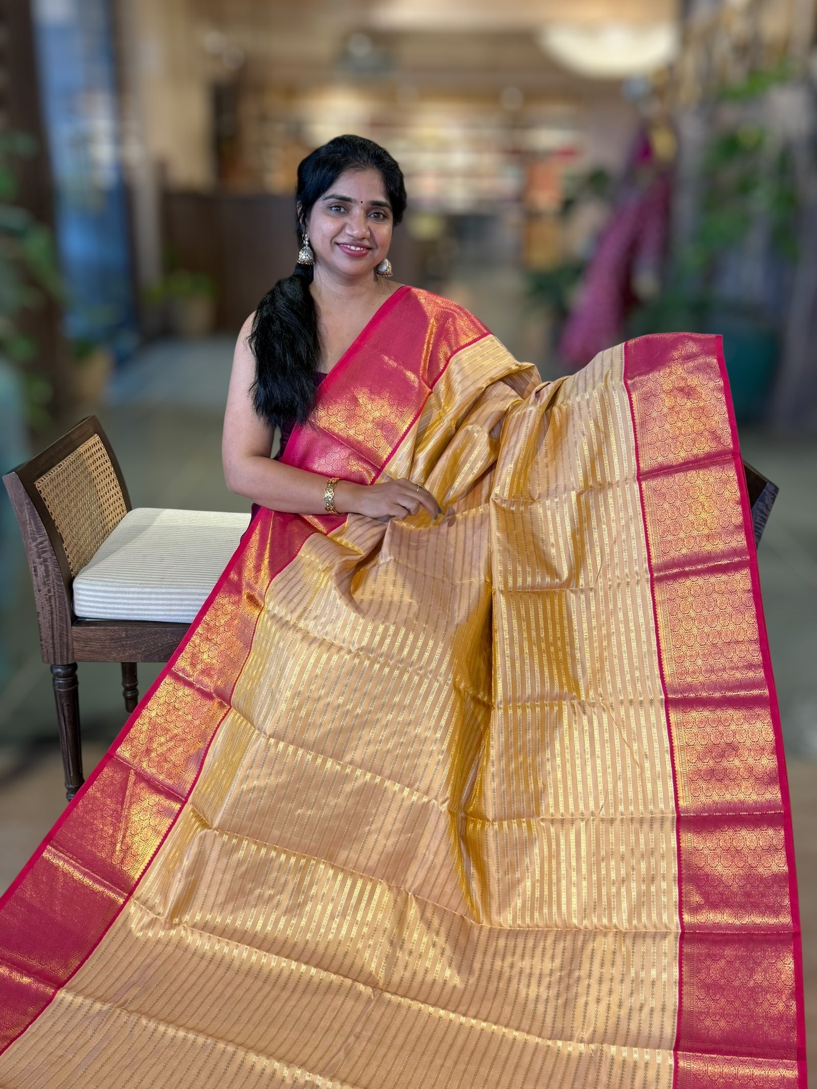 Beige  and Reddish Pink Combo kanchi  kuttu border saree with horizontal stripes