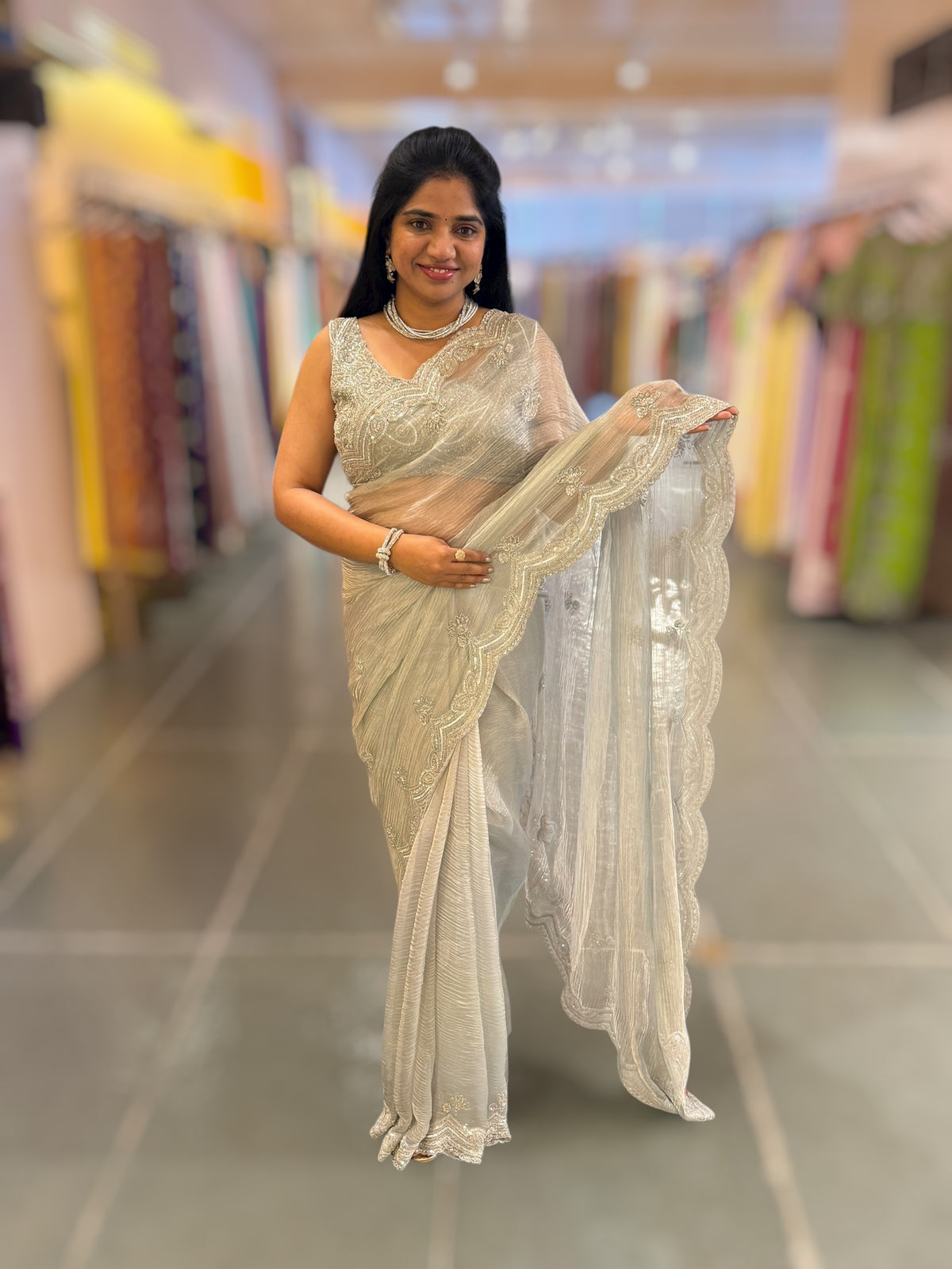 Pastel Bluish silver Crush Tissue handwork Saree