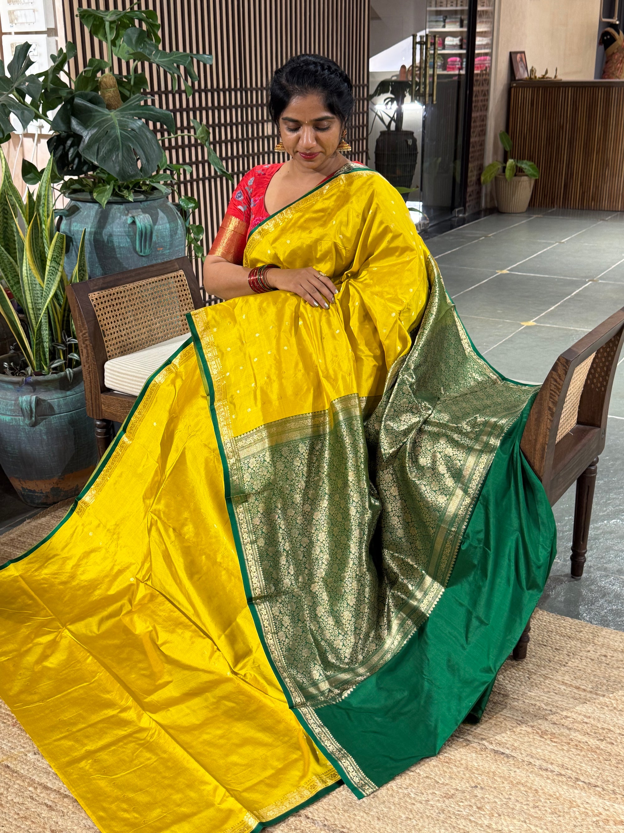 Mango yellow-Banarasi Katan Silk Saree With Petite Point Embroidered Silk Blouse
