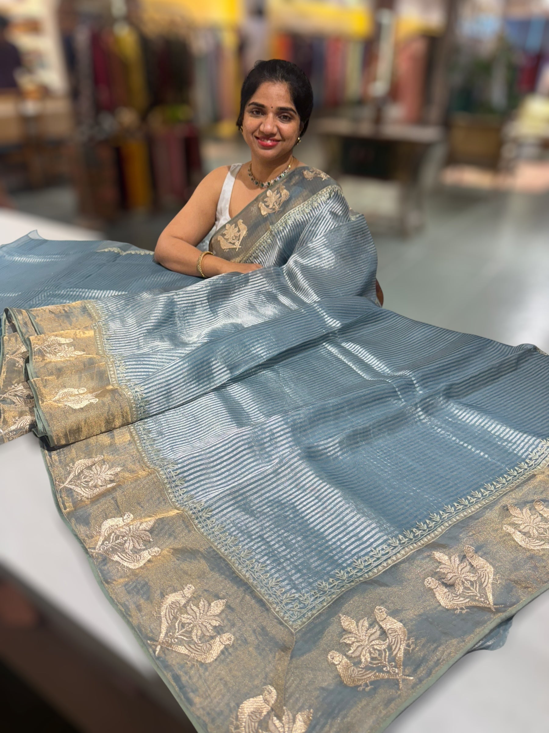 Dusty Blue Kora tissue silver stripes Saree with double parrot  embroidered tissue border