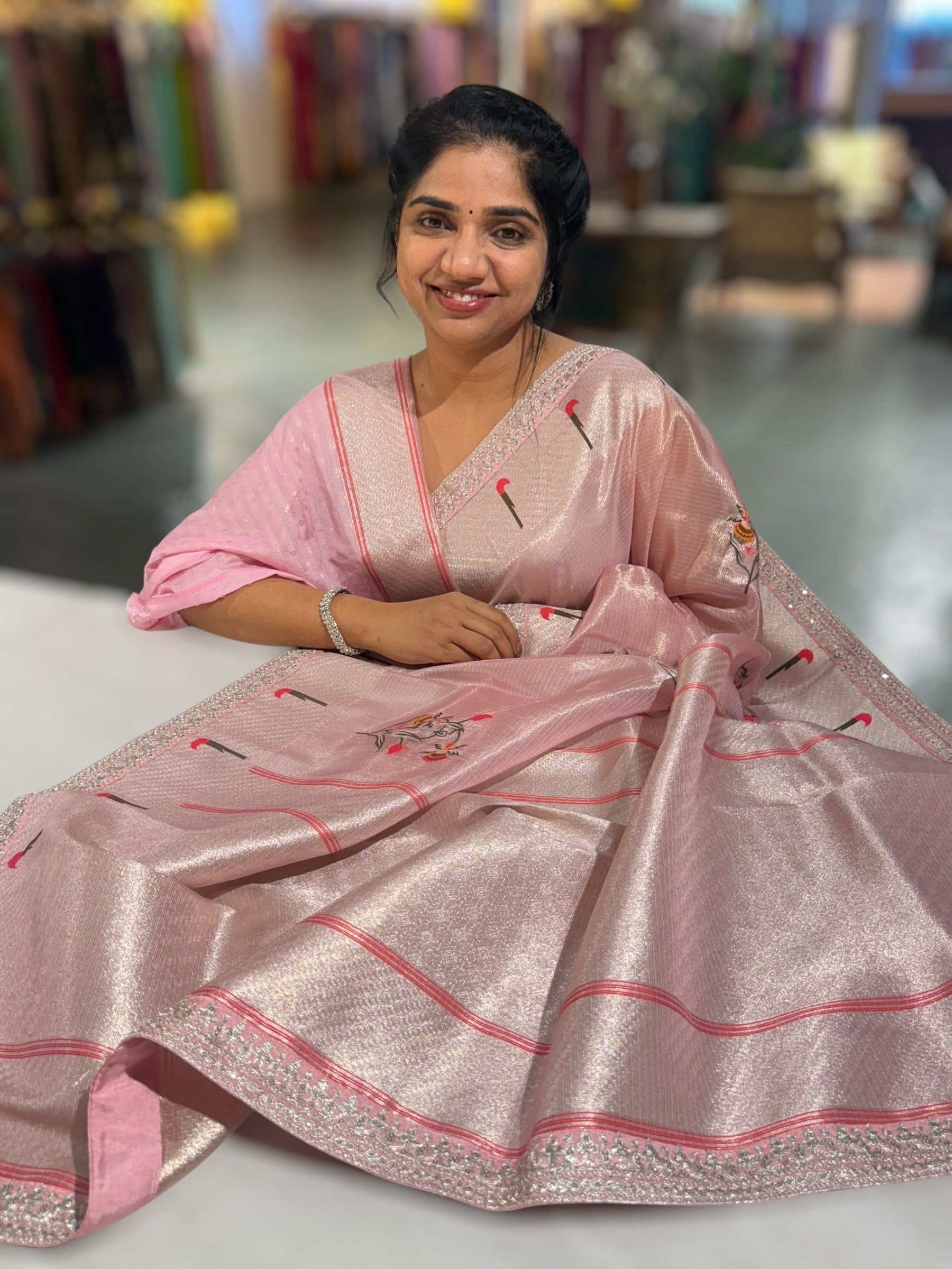Baby Pink Tissue Kota Saree With sabhyasachi Borders and Blouses