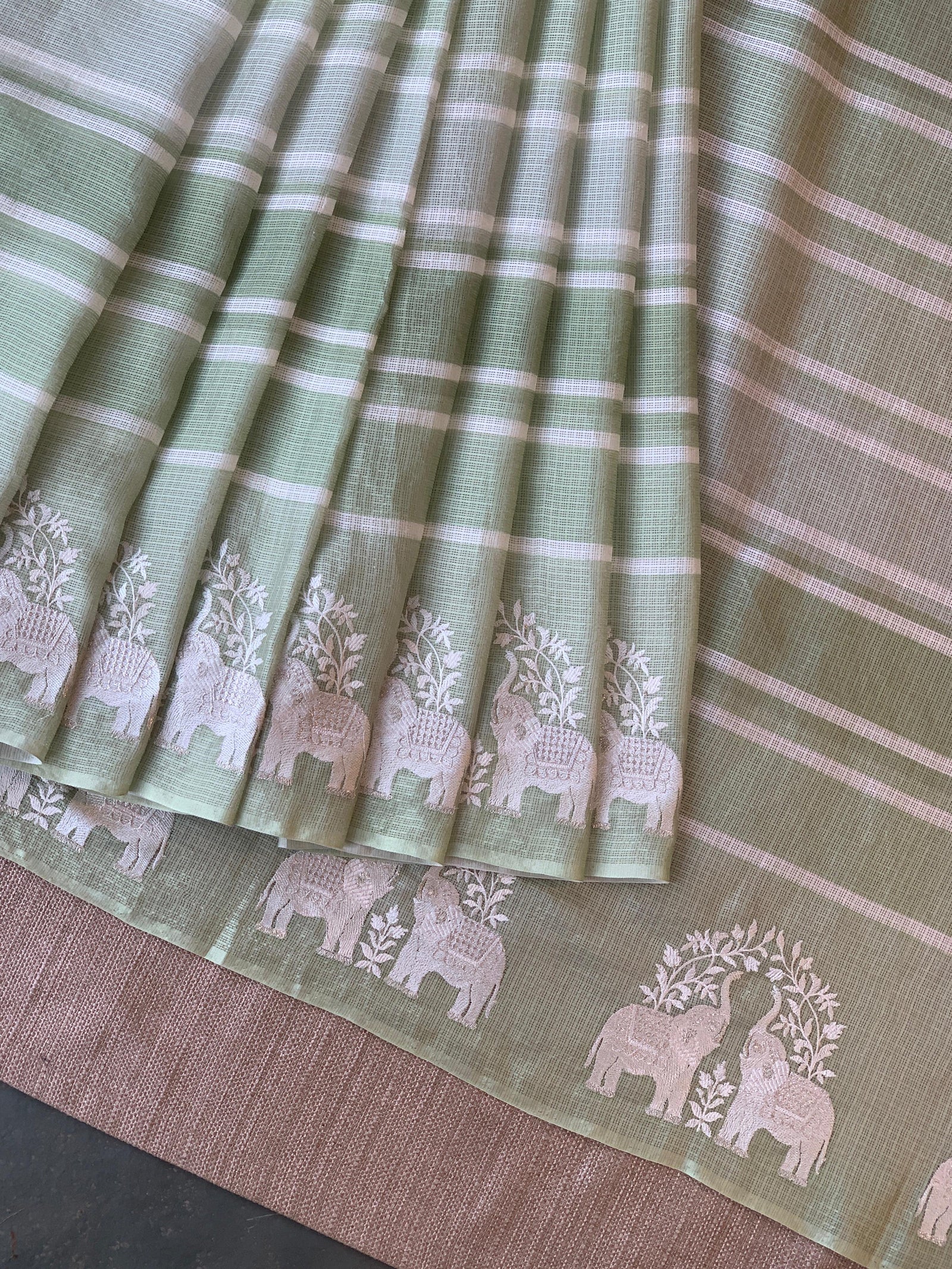 Dusty Green Designer Silk kota saree with elephant embroidered border