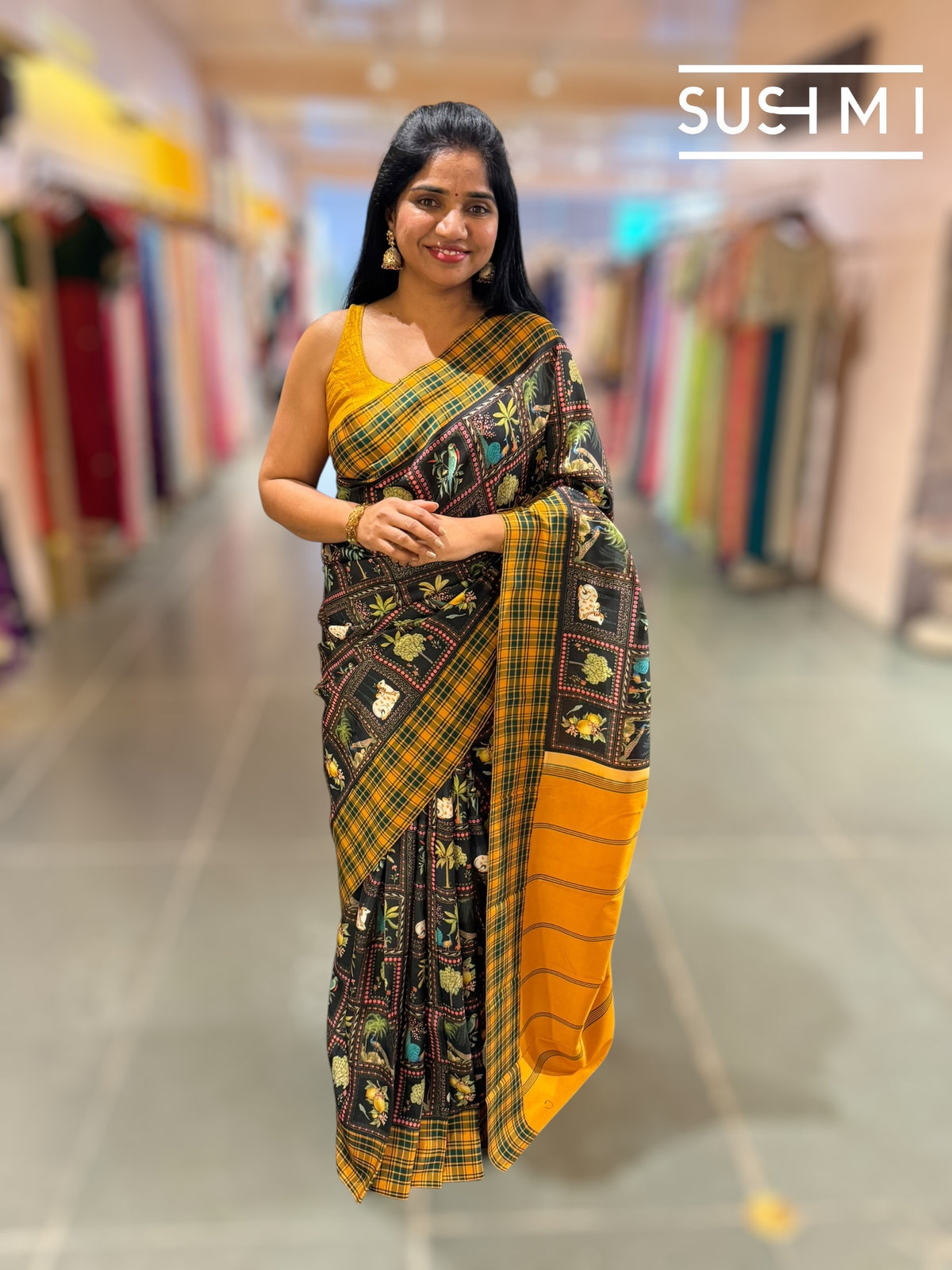 Black printed soft silk saree with burberry checks border : D62F033