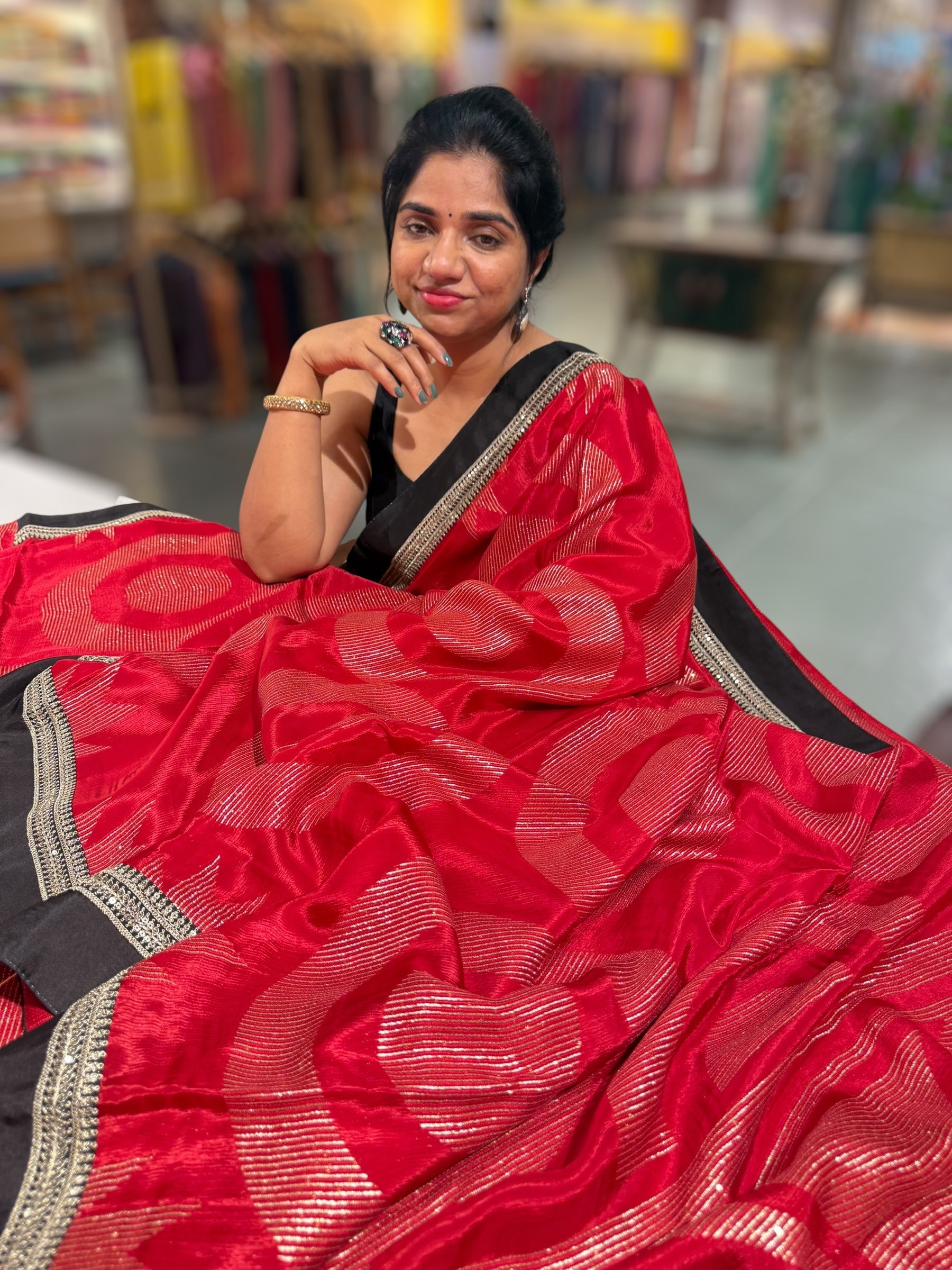 Red Crepe Silk Polka dot Saree with sabhyasachi Borders & Blouse