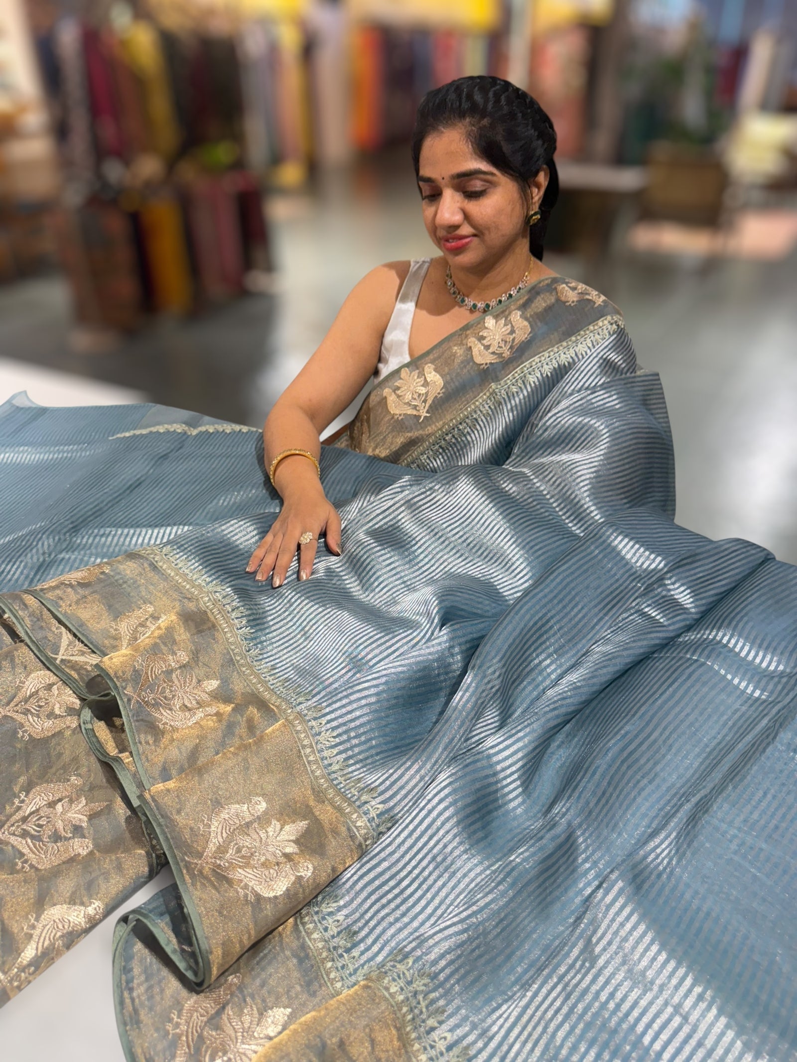 Dusty Blue Kora tissue silver stripes Saree with double parrot  embroidered tissue border