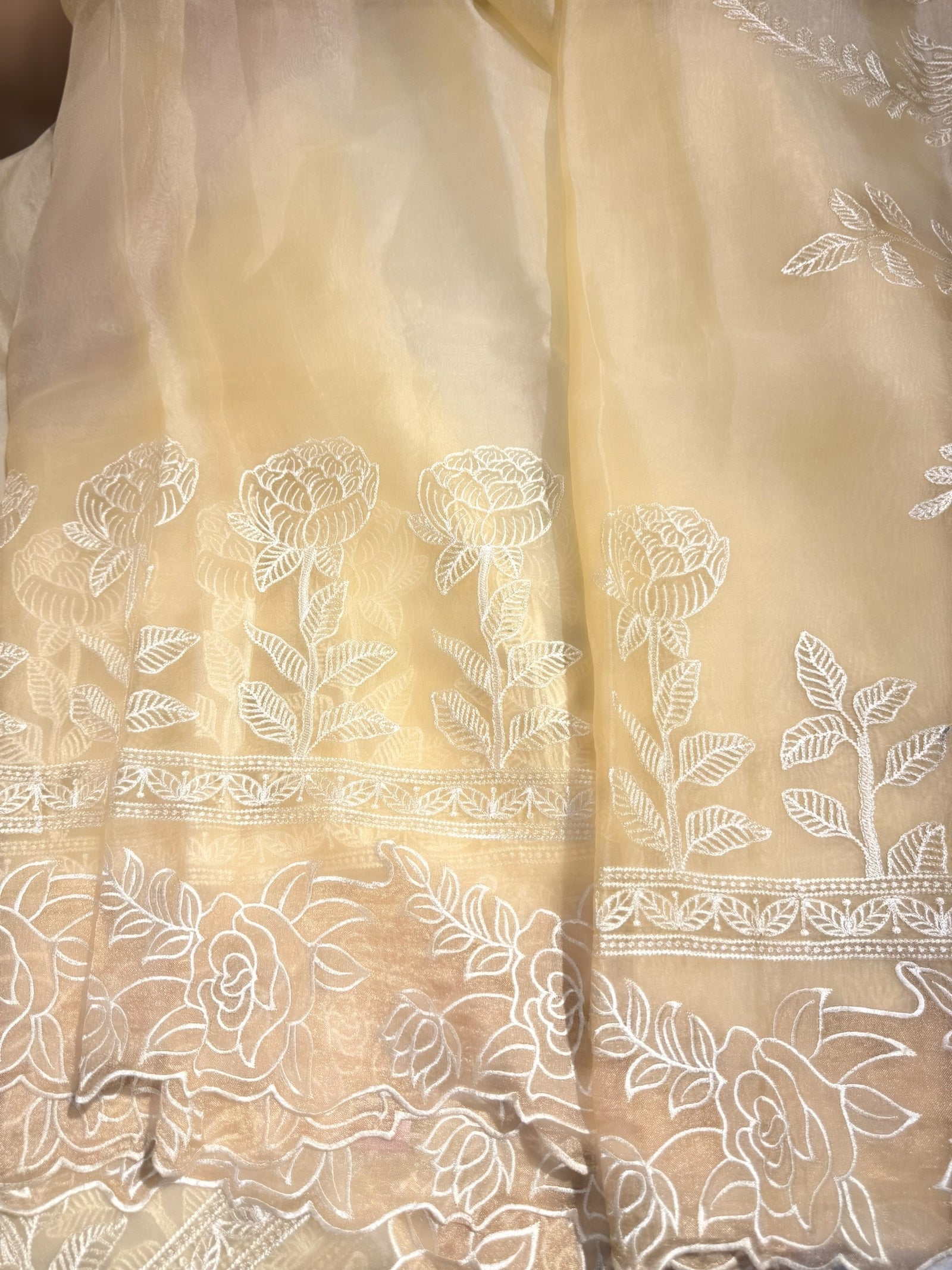 Pastel Yellow Organza saree with heavy embroiderey