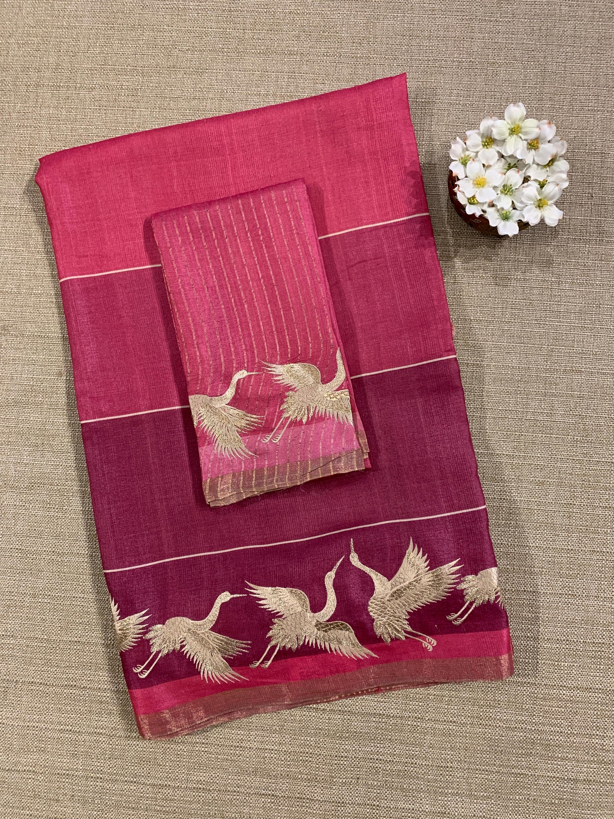 Tussar Rangkaat Saree With Crane Bird  Embroidered Border