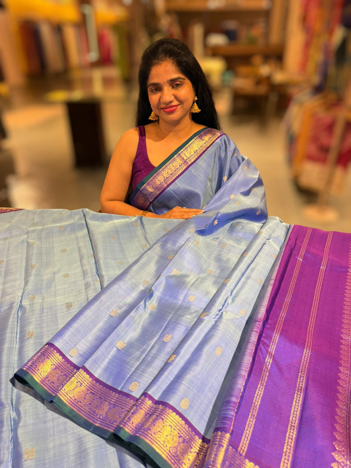 Bluish Lilac & Majenta Combo Vintage Kanjeevaram Saree with Green selvedge