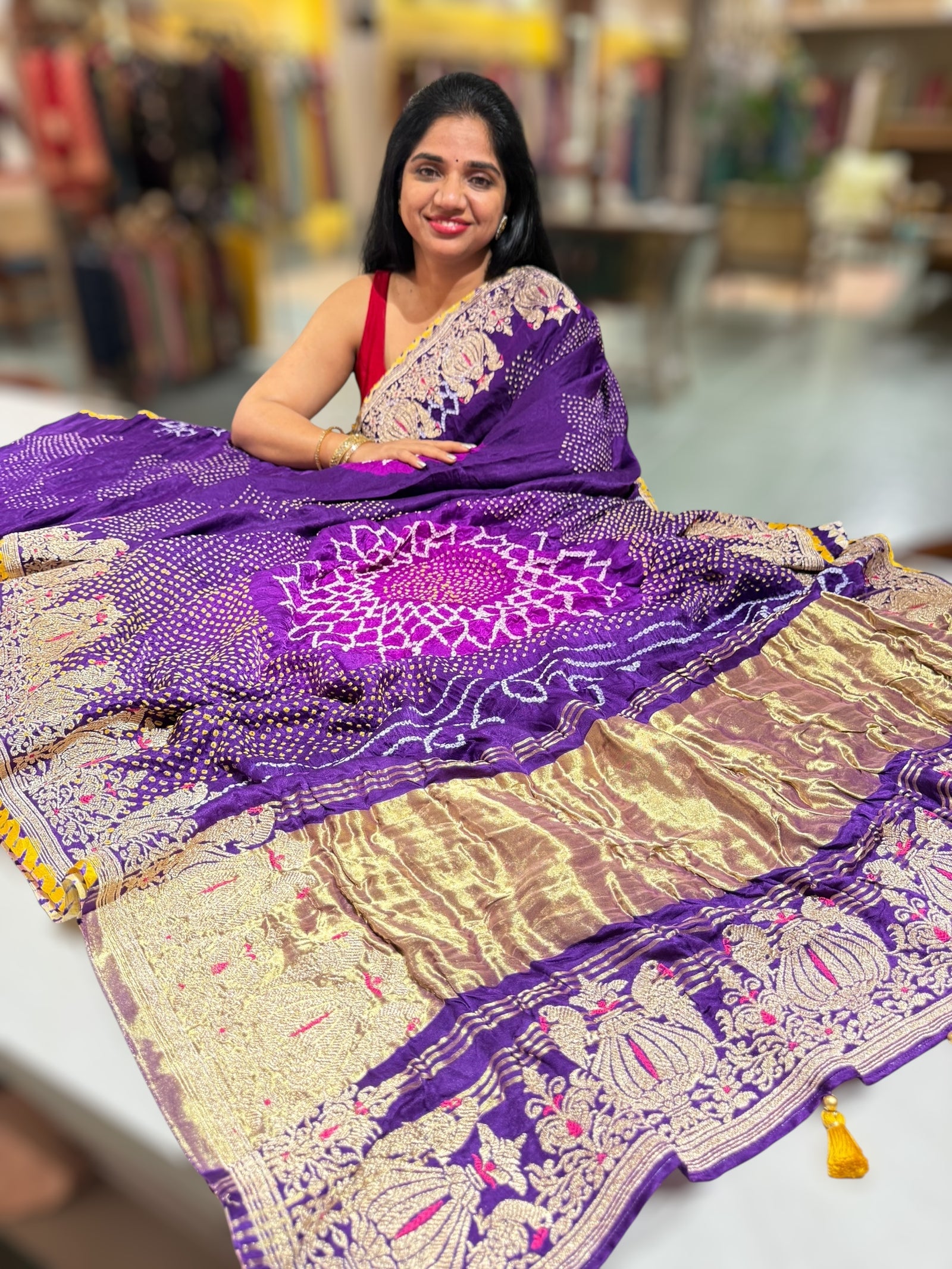 Dark Voilet Designer Rai Bandhej Saree With Embroidered Border