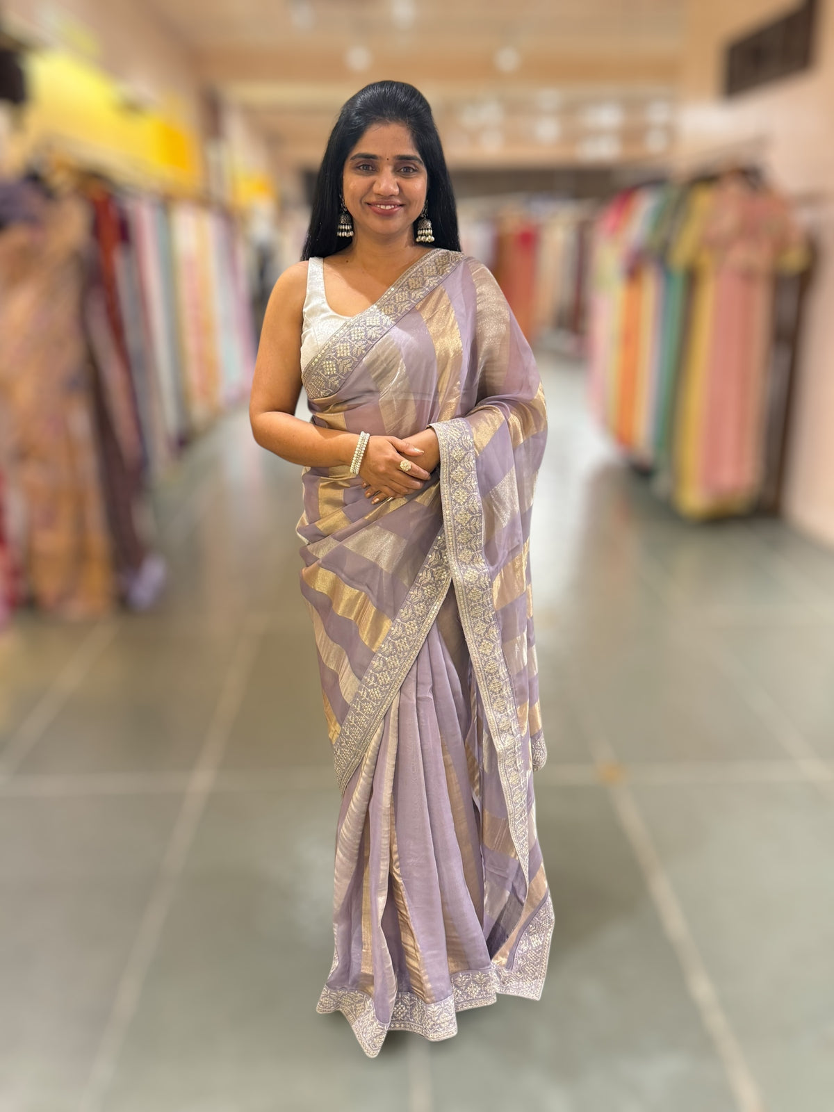 Dusty Lilac kora tissue stripes saree
