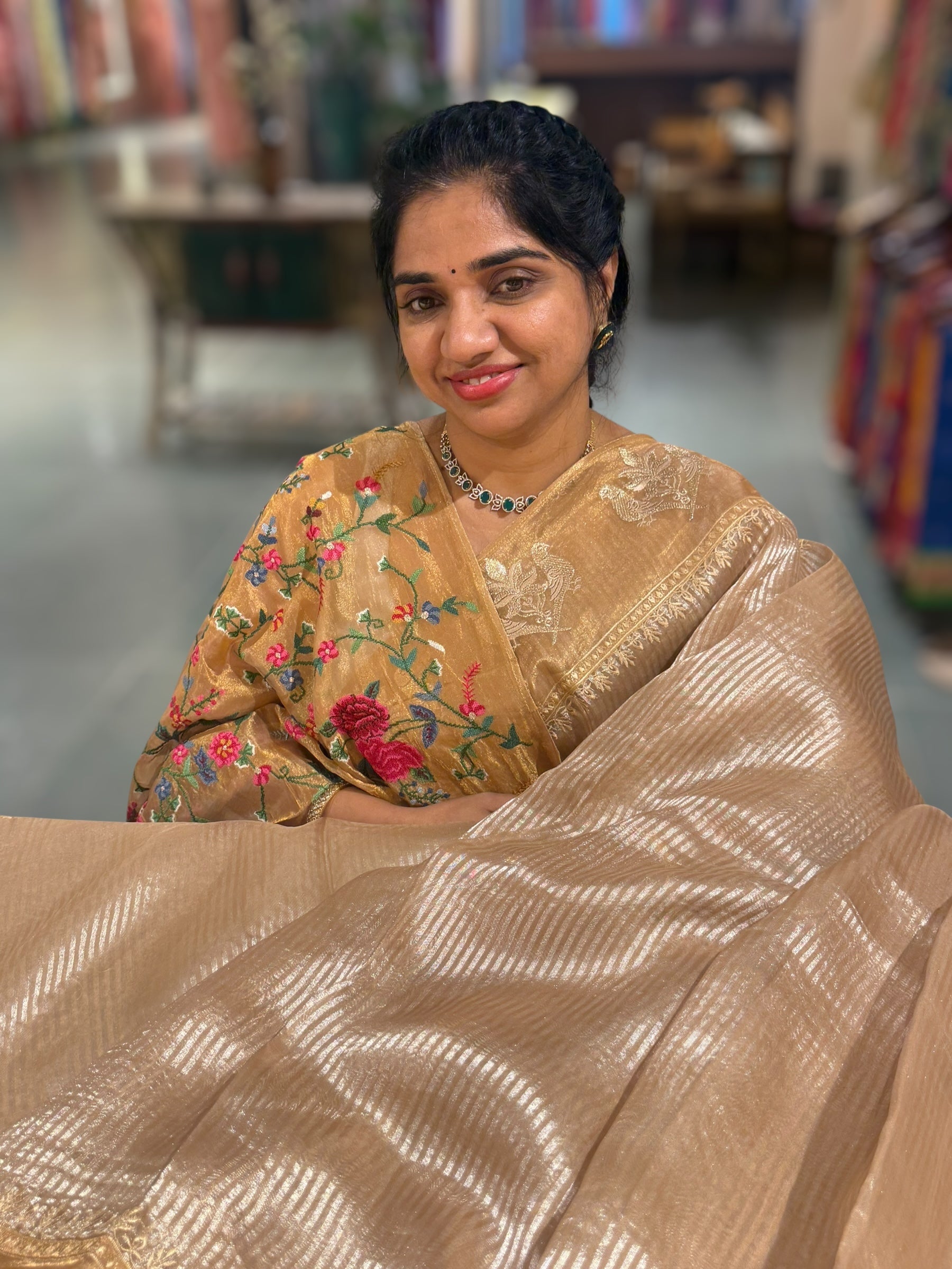 Gold Kora tissue silver stripes Saree with double parrot  embroidered tissue border